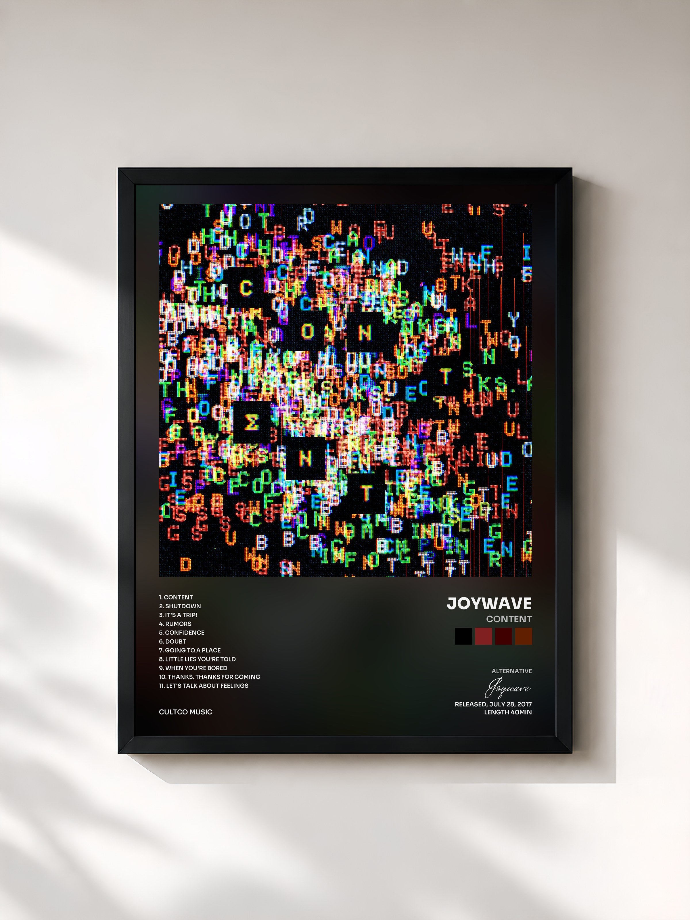 #noir Tableau de l'album Content de Joywave, cadre noir, imprimé et encadré en France