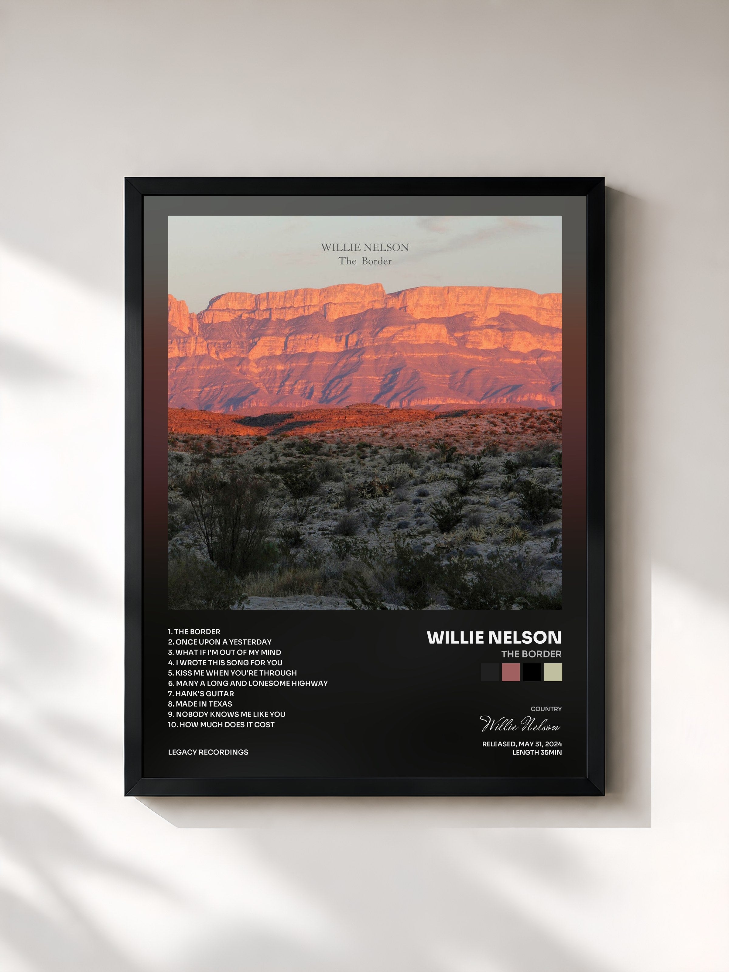 #noir Tableau de l'album The Border de Willie Nelson, cadre noir, imprimé et encadré en France