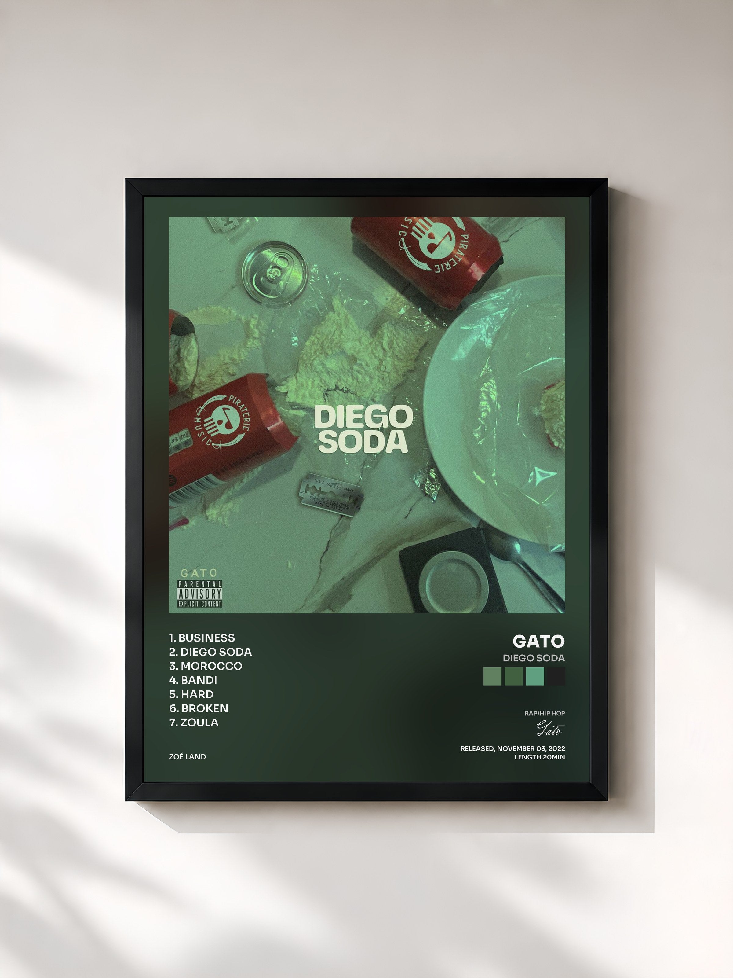 #noir Tableau de l'album Diego Soda de Gato, cadre noir, imprimé et encadré en France