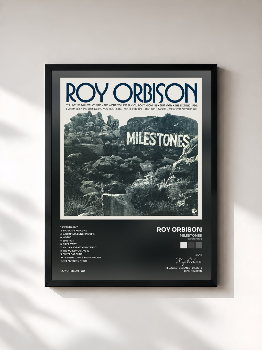 #noir Tableau de l'album Milestones (Remastered) de Roy Orbison, cadre noir, imprimé et encadré en France