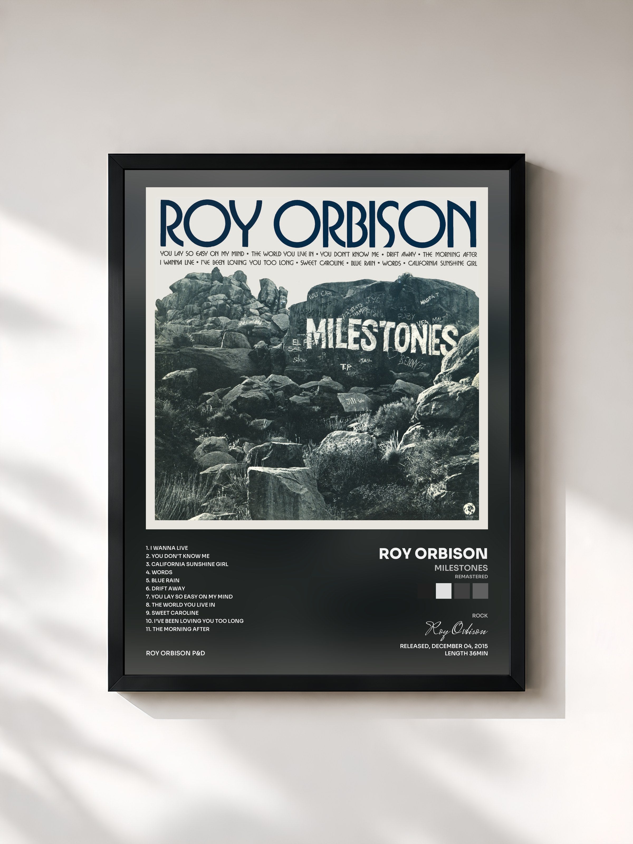 #noir Tableau de l'album Milestones (Remastered) de Roy Orbison, cadre noir, imprimé et encadré en France