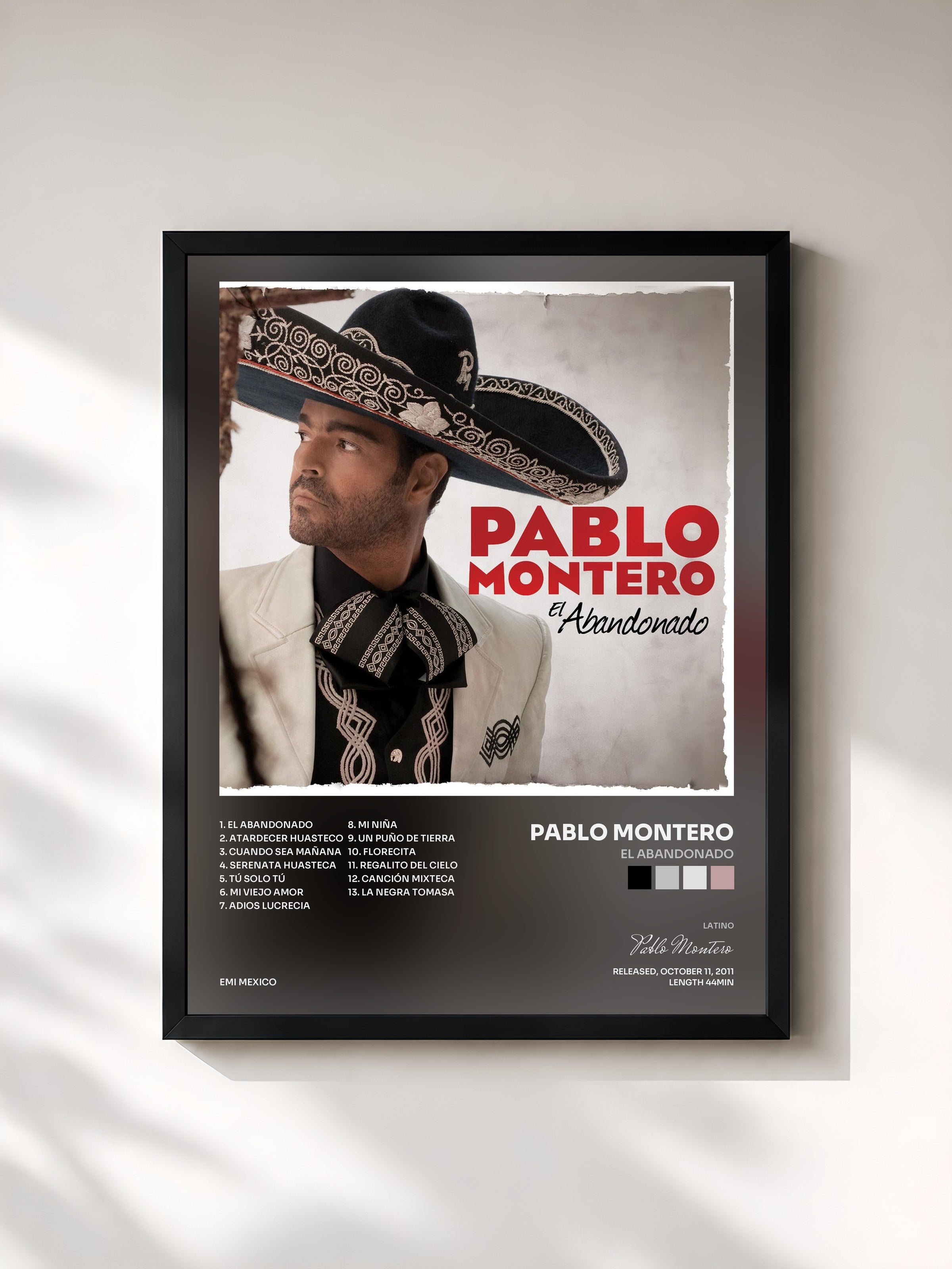 #noir Tableau de l'album El Abandonado de Pablo Montero, cadre noir, imprimé et encadré en France