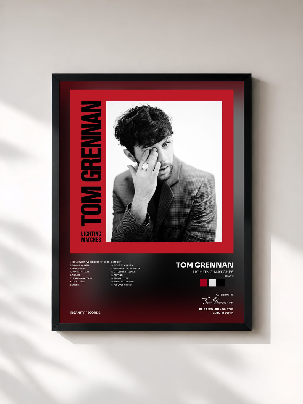 #noir Tableau de l'album Lighting Matches (Deluxe) de Tom Grennan, cadre noir, imprimé et encadré en France