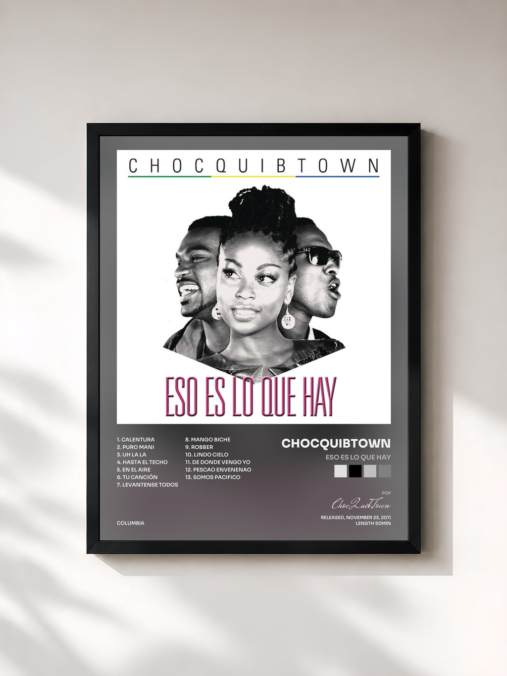 #noir Tableau de l'album Eso es lo que hay de ChocQuibTown, cadre noir, imprimé et encadré en France