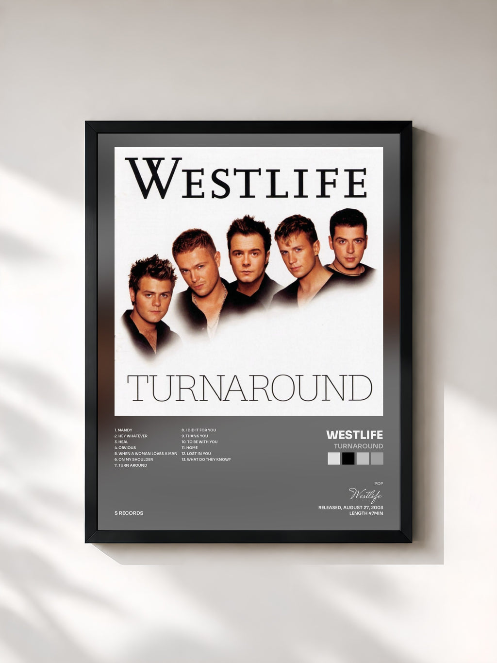 #noir Tableau de l'album Turnaround de Westlife, cadre noir, imprimé et encadré en France