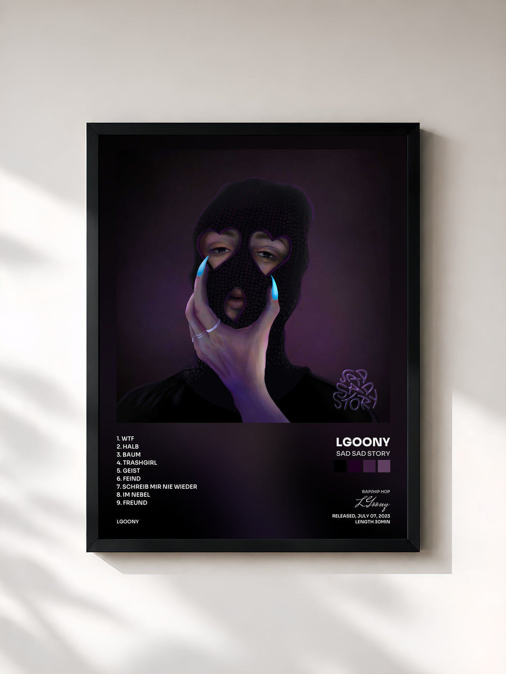 #noir Tableau de l'album sad sad story de LGoony, cadre noir, imprimé et encadré en France