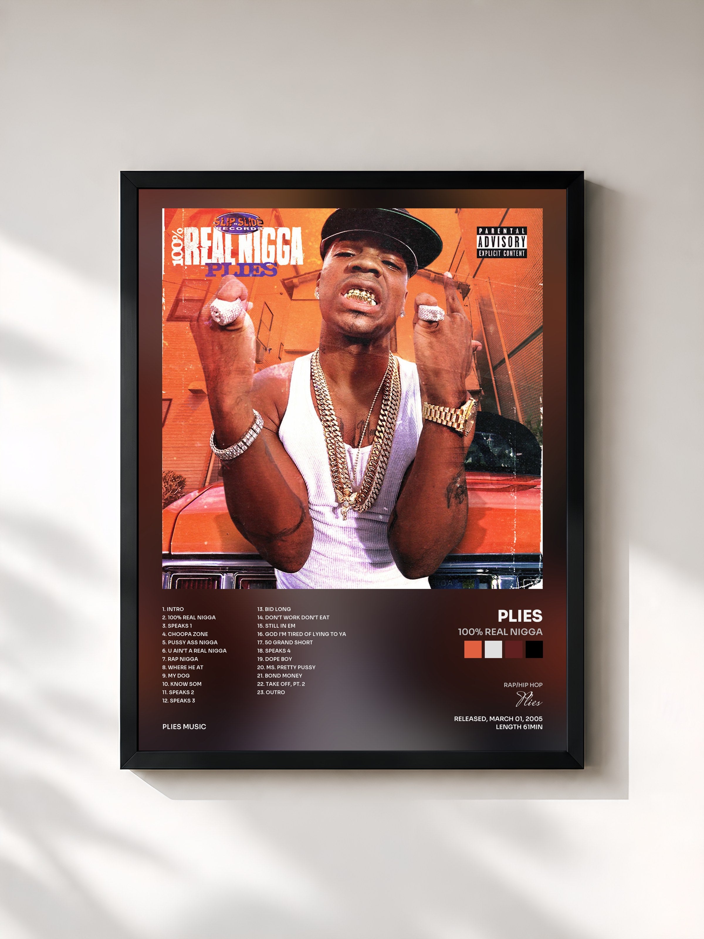 #noir Tableau de l'album 100% Real Nigga de Plies, cadre noir, imprimé et encadré en France