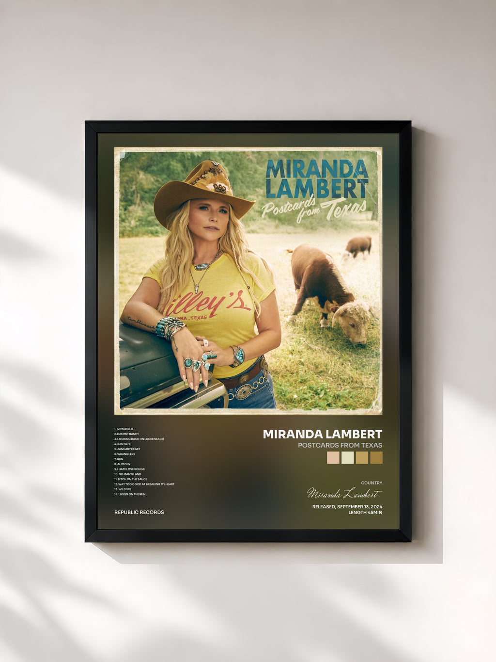 #noir Tableau de l'album Postcards From Texas de Miranda Lambert, cadre noir, imprimé et encadré en France