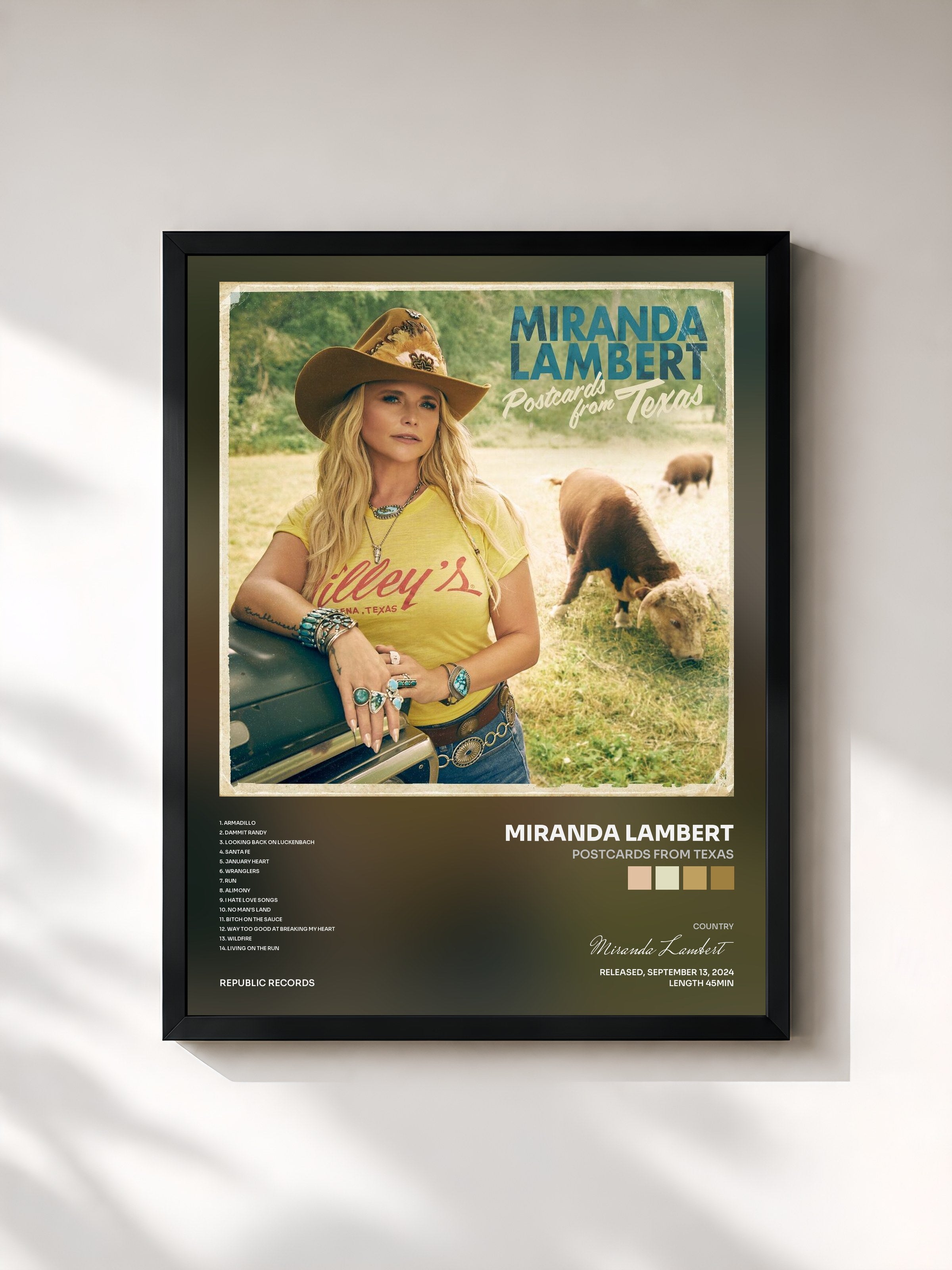 #noir Tableau de l'album Postcards From Texas de Miranda Lambert, cadre noir, imprimé et encadré en France