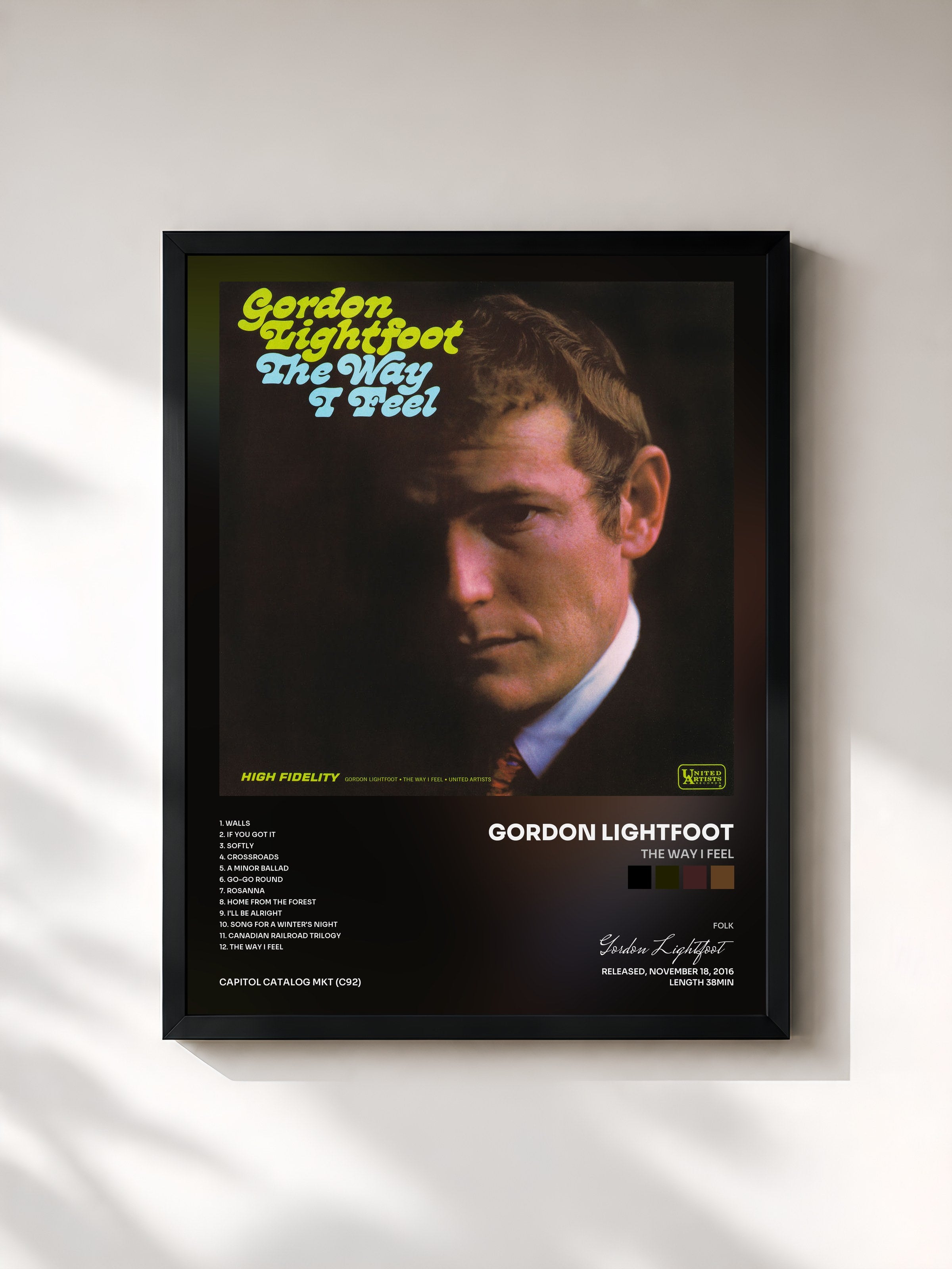 #noir Tableau de l'album The Way I Feel de Gordon Lightfoot, cadre noir, imprimé et encadré en France
