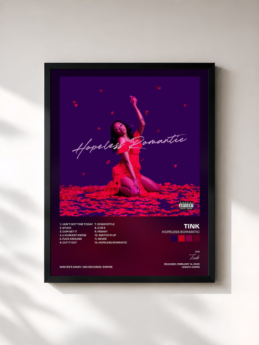#noir Tableau de l'album Hopeless Romantic de Tink, cadre noir, imprimé et encadré en France