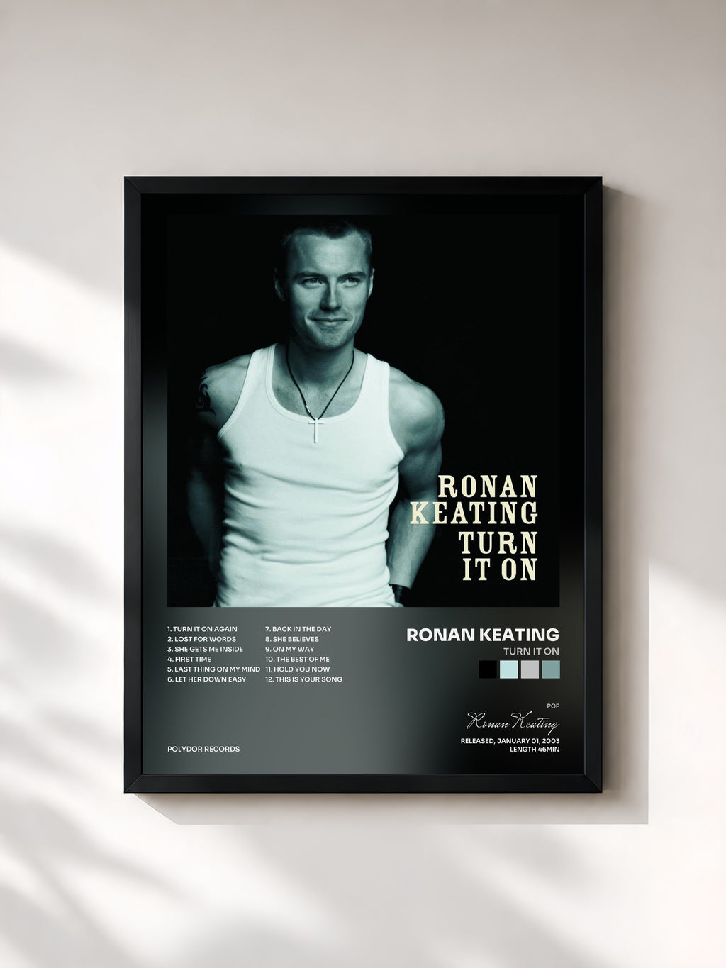 #noir Tableau de l'album Turn It On de Ronan Keating, cadre noir, imprimé et encadré en France