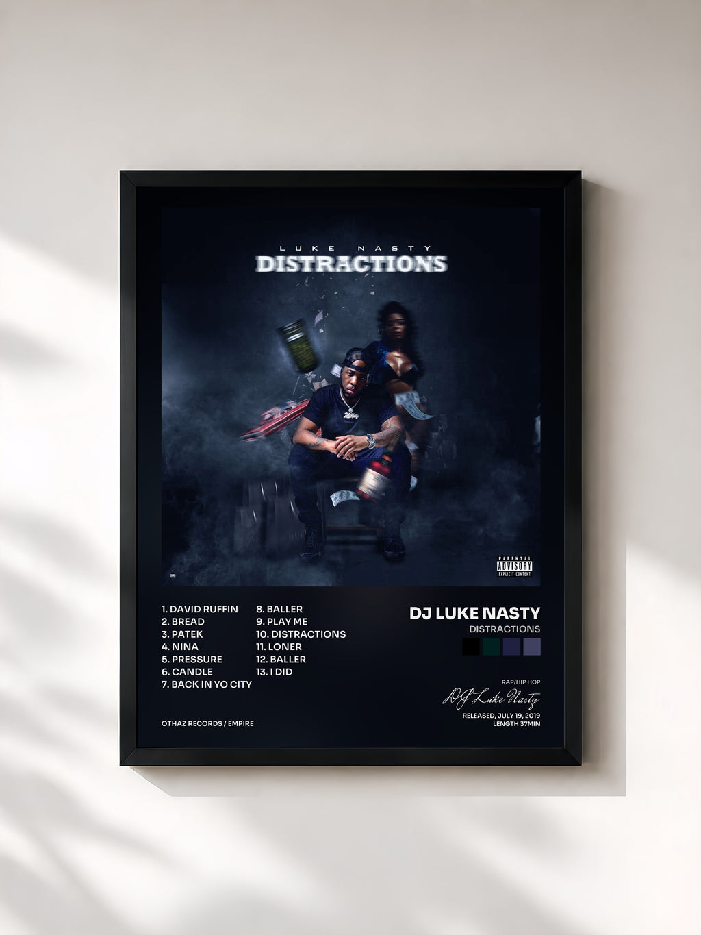 #noir Tableau de l'album Distractions de DJ Luke Nasty, cadre noir, imprimé et encadré en France
