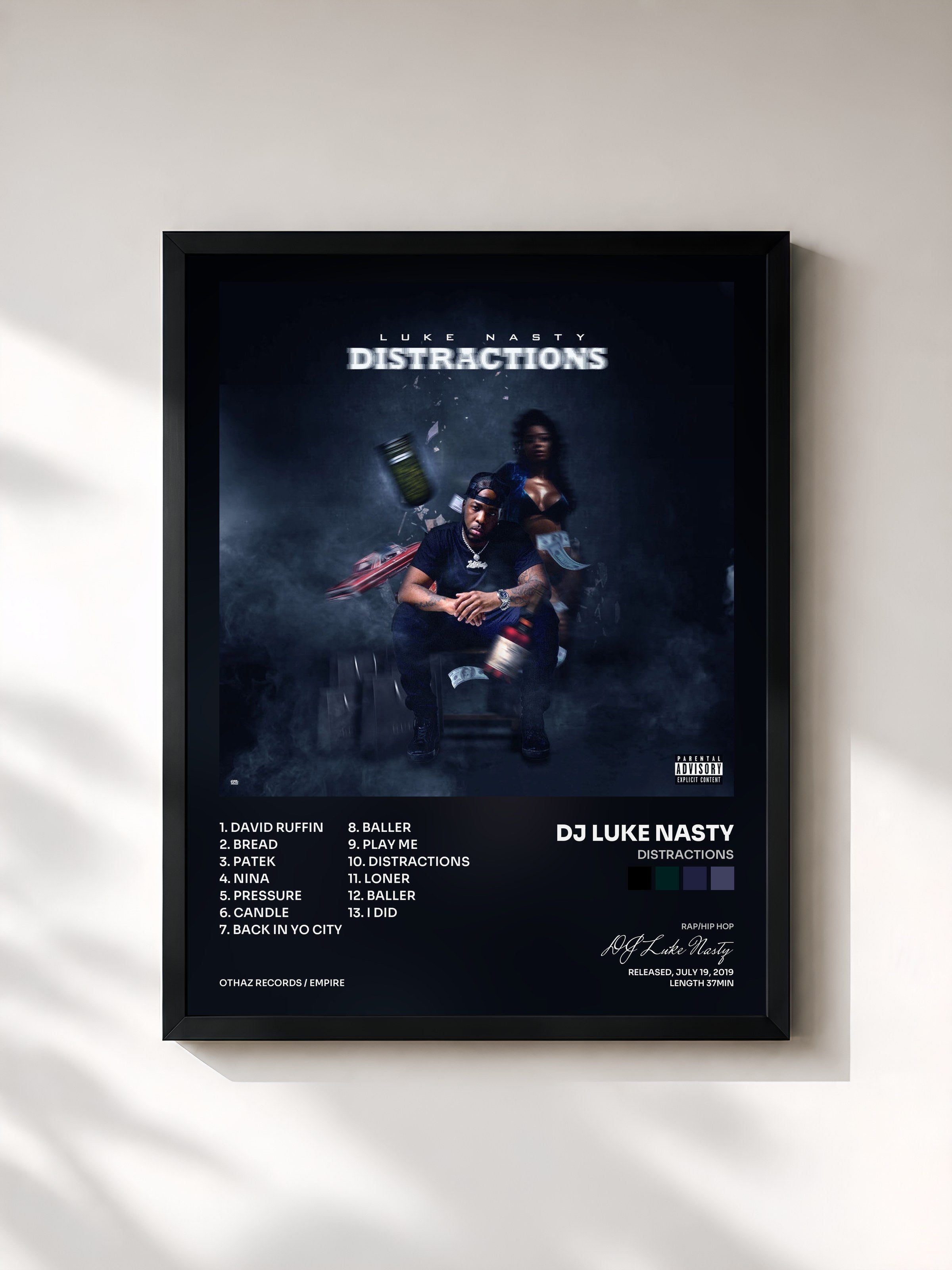 #noir Tableau de l'album Distractions de DJ Luke Nasty, cadre noir, imprimé et encadré en France