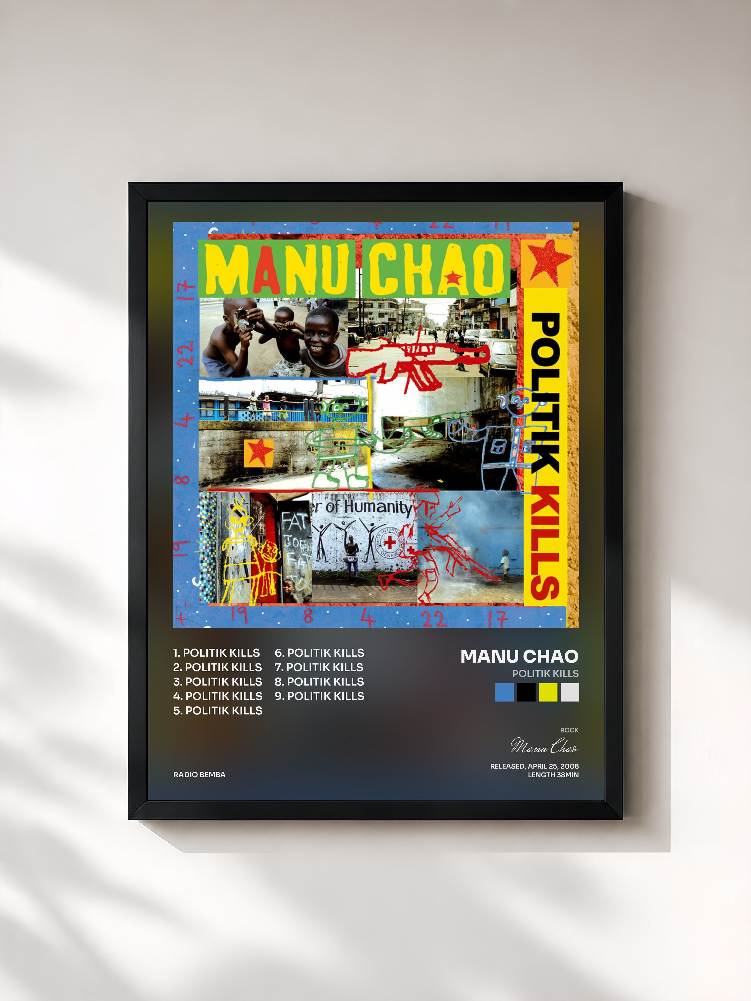 #noir Tableau de l'album Politik Kills de Manu Chao, cadre noir, imprimé et encadré en France