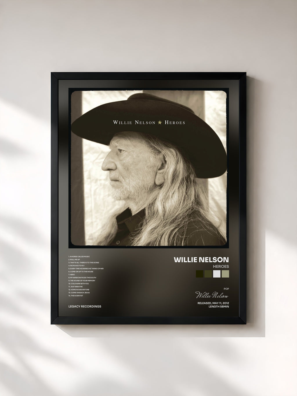 #noir Tableau de l'album Heroes de Willie Nelson, cadre noir, imprimé et encadré en France
