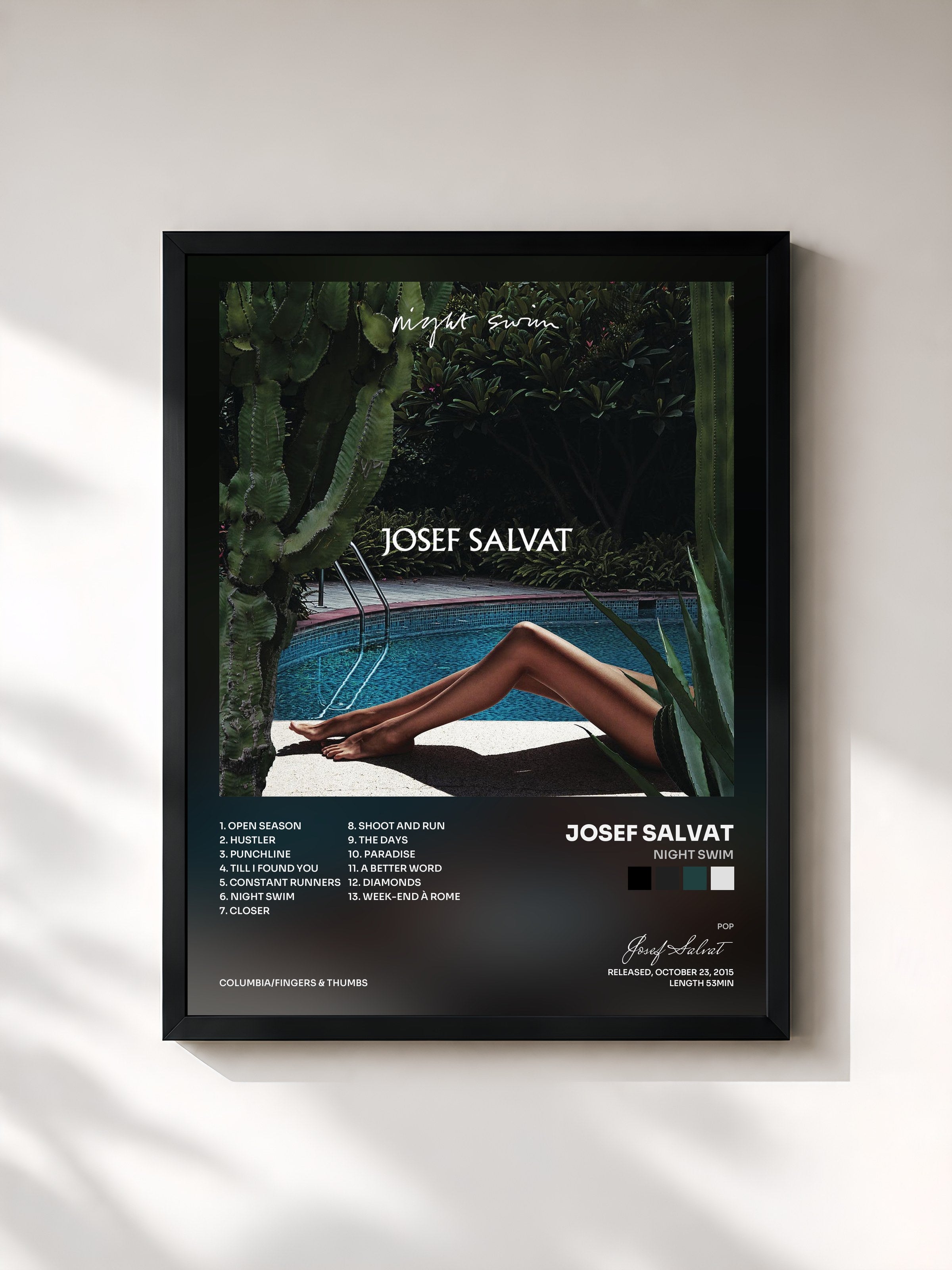 #noir Tableau de l'album Night Swim de Josef Salvat, cadre noir, imprimé et encadré en France