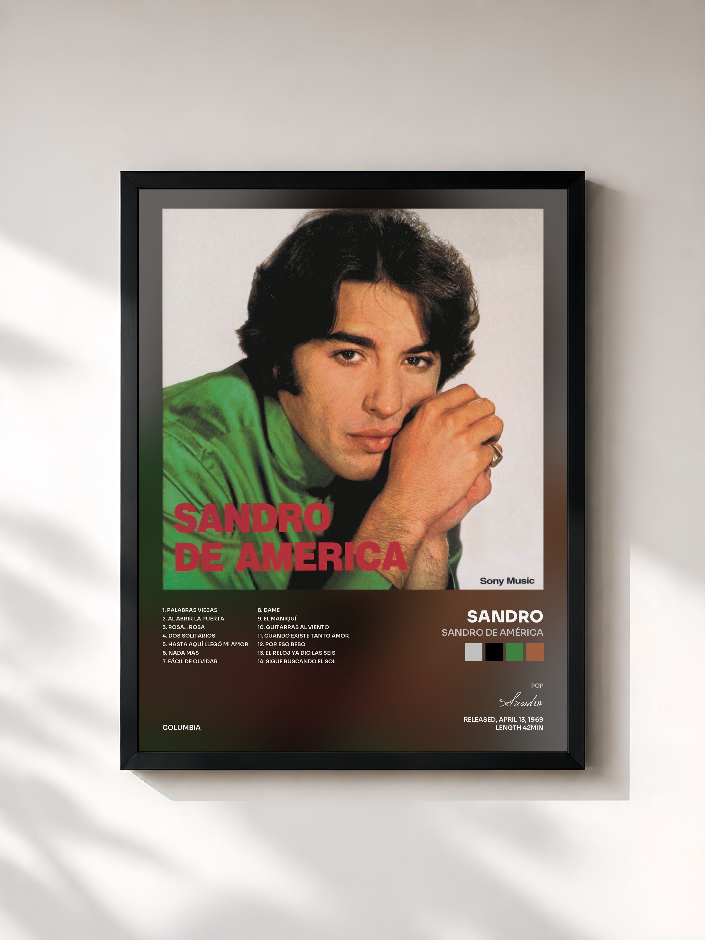 #noir Tableau de l'album Sandro de América de Sandro, cadre noir, imprimé et encadré en France
