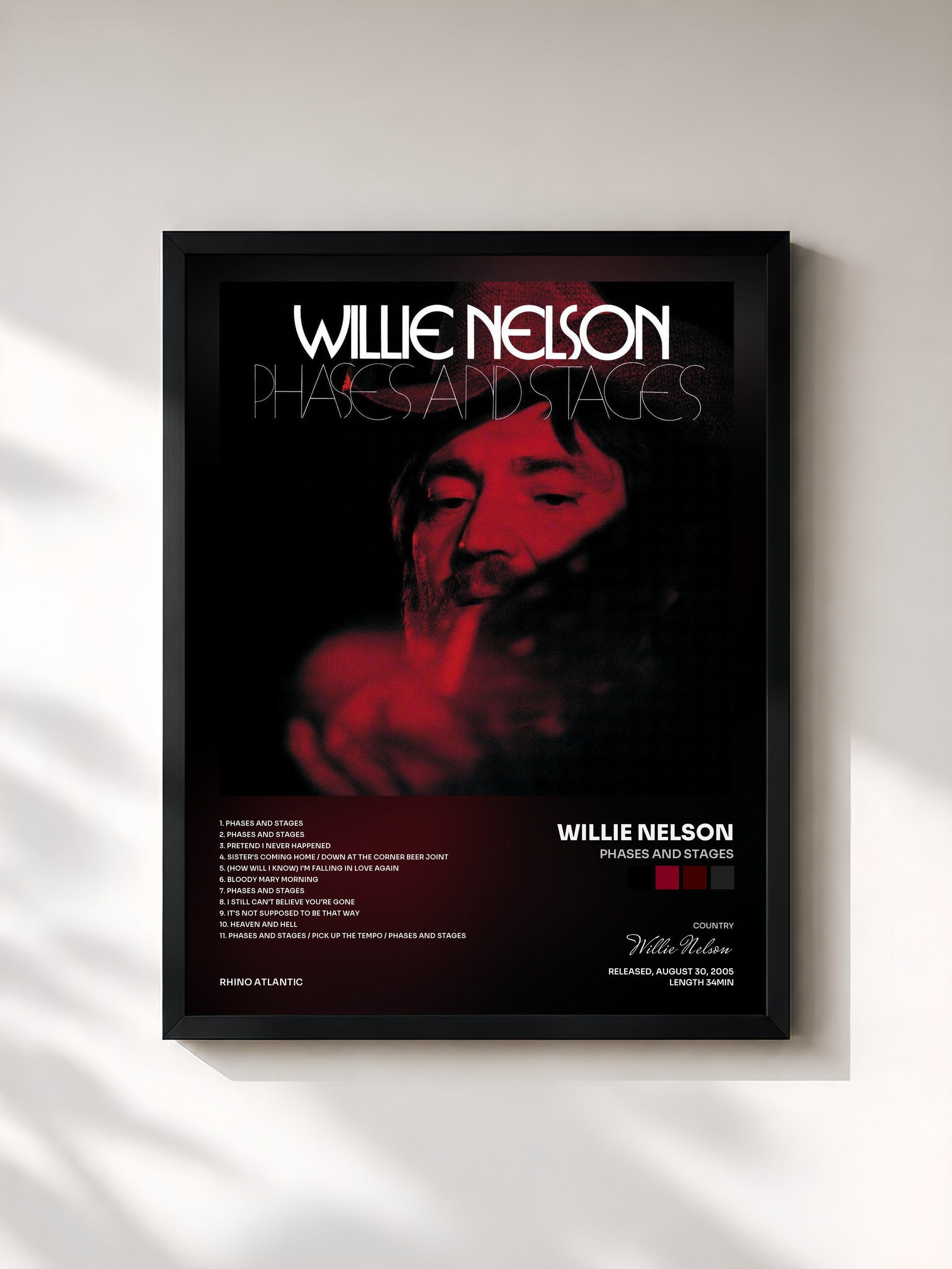 #noir Tableau de l'album Phases And Stages de Willie Nelson, cadre noir, imprimé et encadré en France