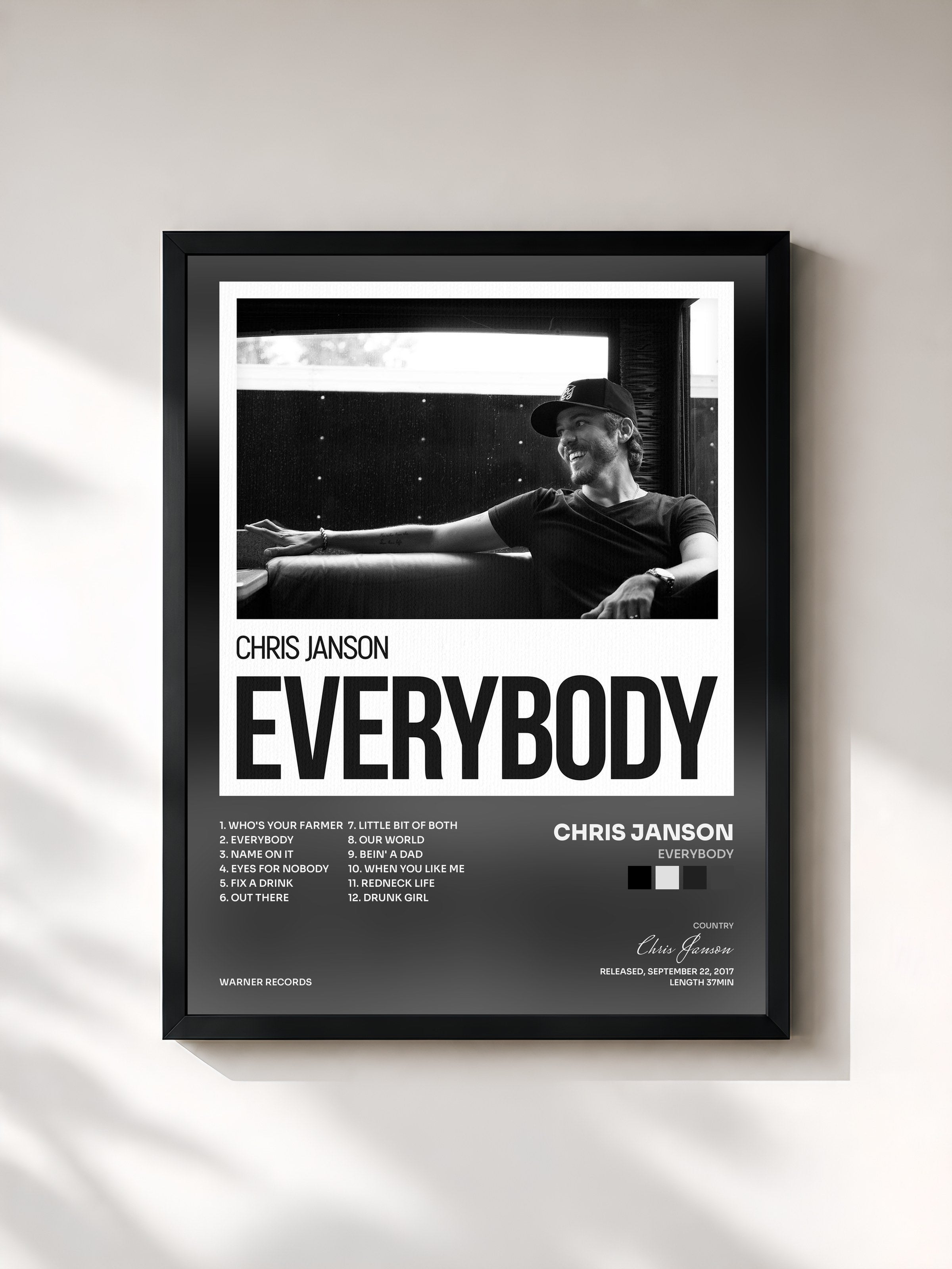 #noir Tableau de l'album EVERYBODY de Chris Janson, cadre noir, imprimé et encadré en France