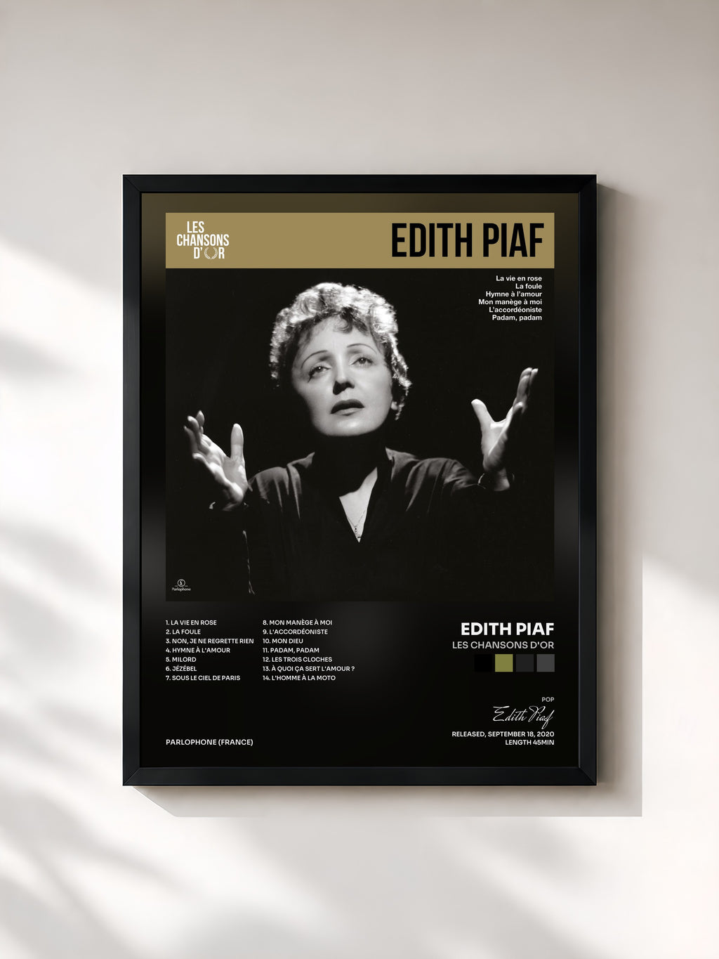 #noir Tableau de l'album Les chansons d'or de Edith Piaf, cadre noir, imprimé et encadré en France