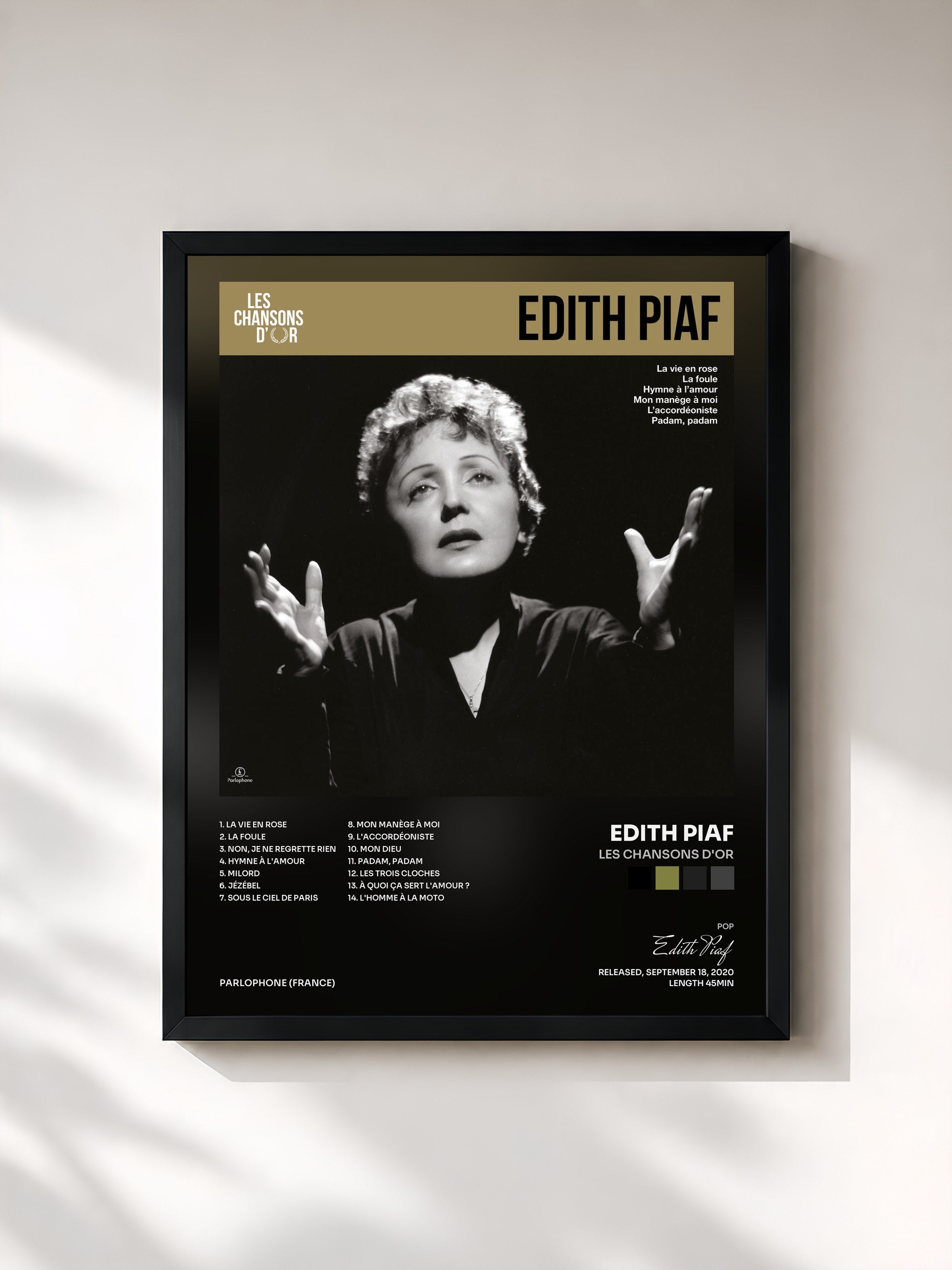 #noir Tableau de l'album Les chansons d'or de Edith Piaf, cadre noir, imprimé et encadré en France