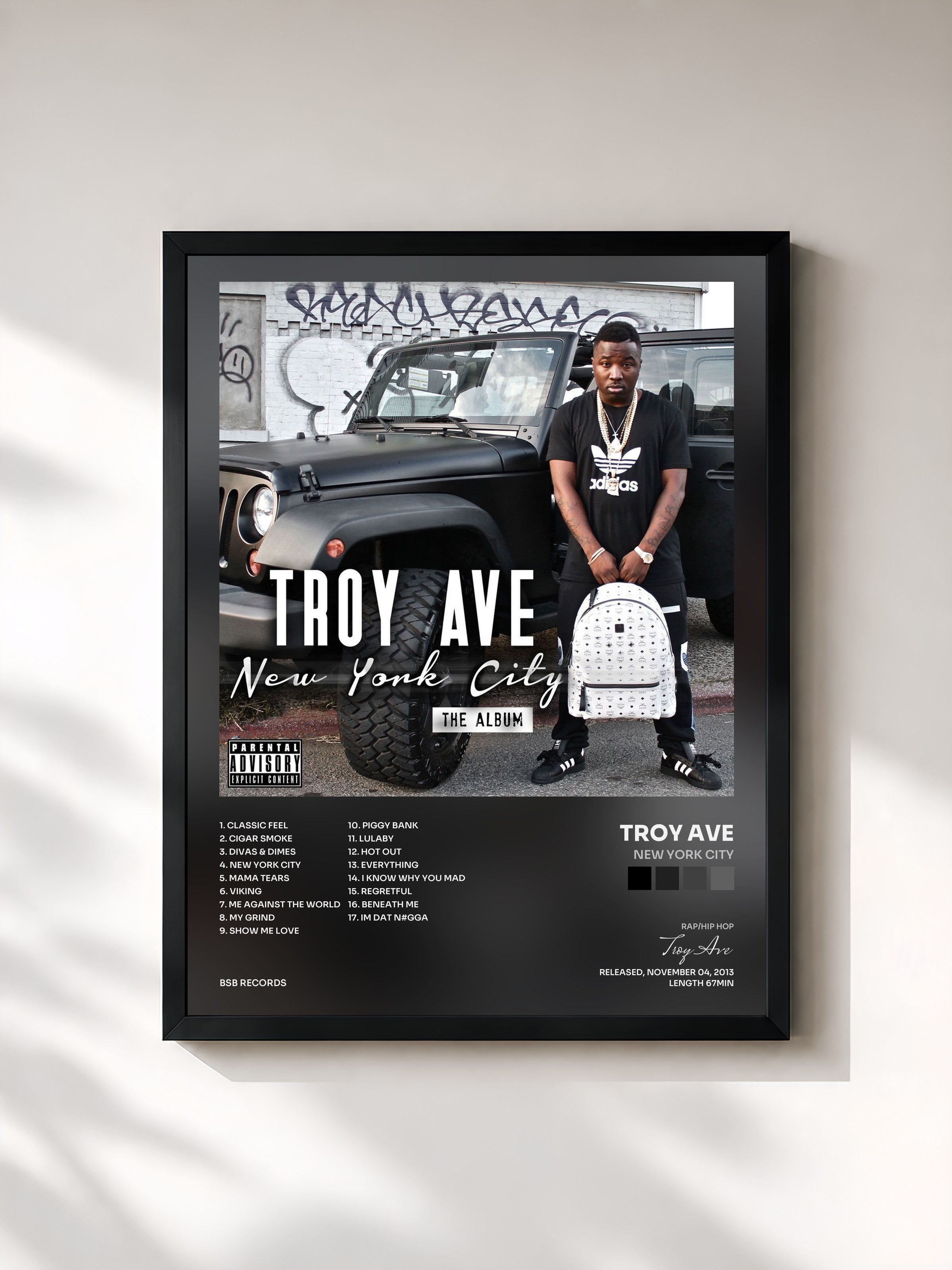#noir Tableau de l'album New York City de Troy Ave, cadre noir, imprimé et encadré en France
