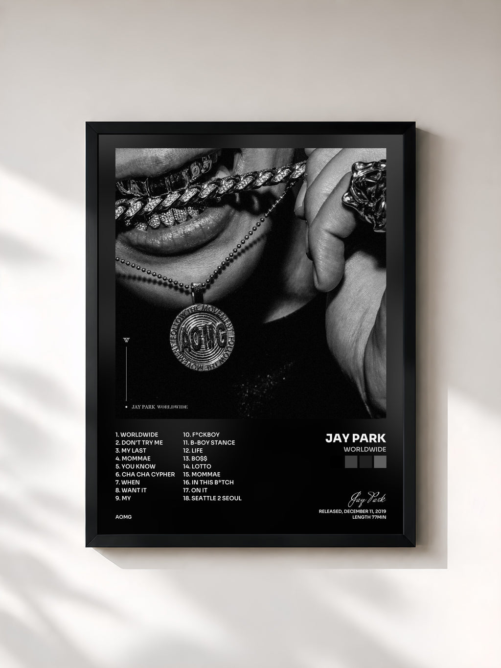 #noir Tableau de l'album WORLDWIDE de Jay Park, cadre noir, imprimé et encadré en France