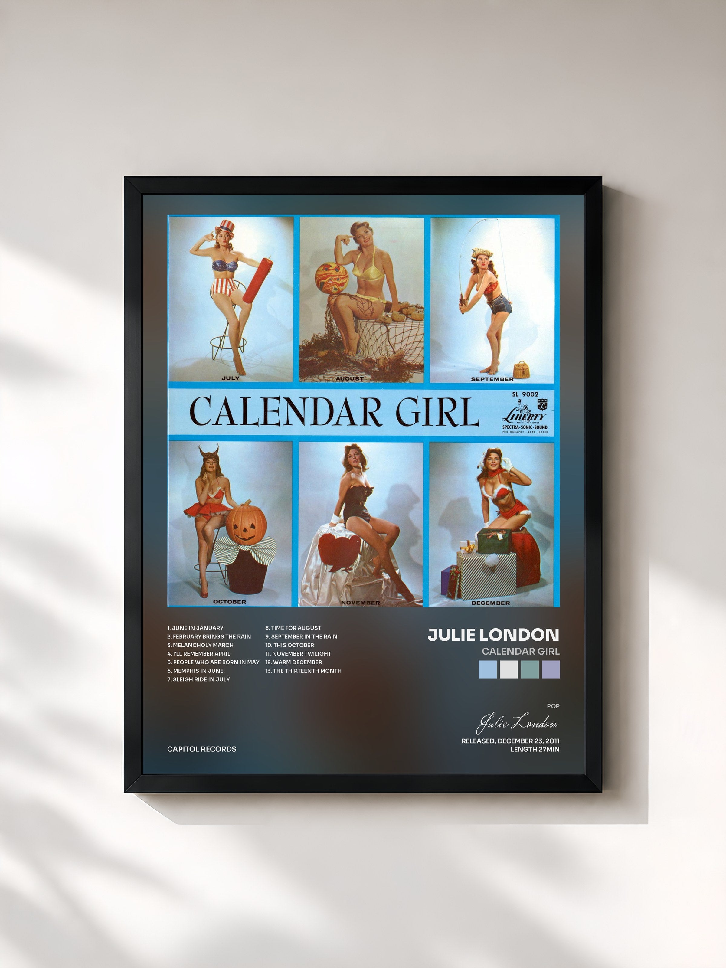 #noir Tableau de l'album Calendar Girl de Julie London, cadre noir, imprimé et encadré en France