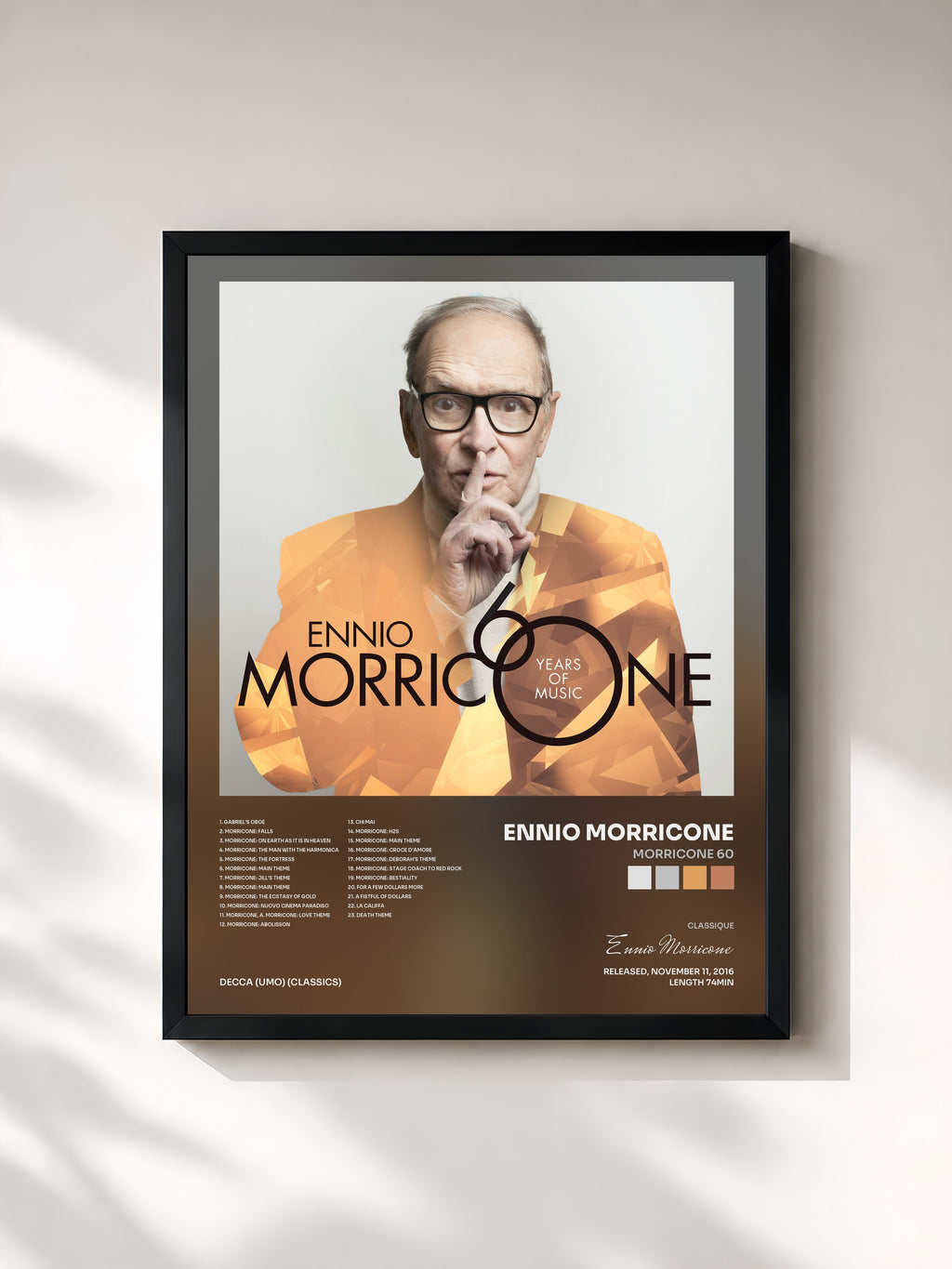 #noir Tableau de l'album Morricone 60 de Ennio Morricone, cadre noir, imprimé et encadré en France