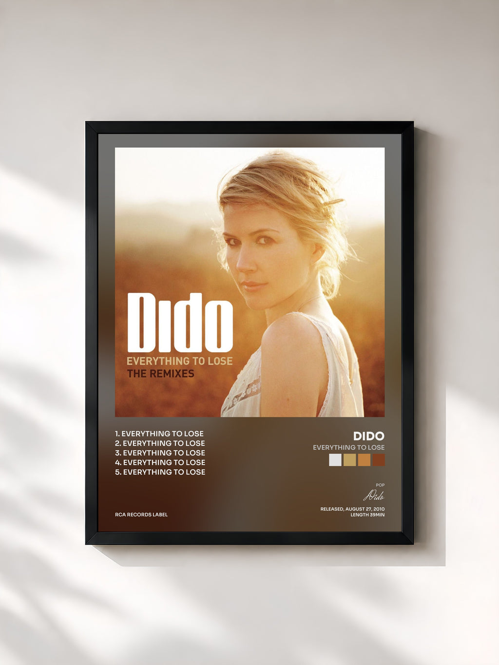 #noir Tableau de l'album Everything To Lose de Dido, cadre noir, imprimé et encadré en France