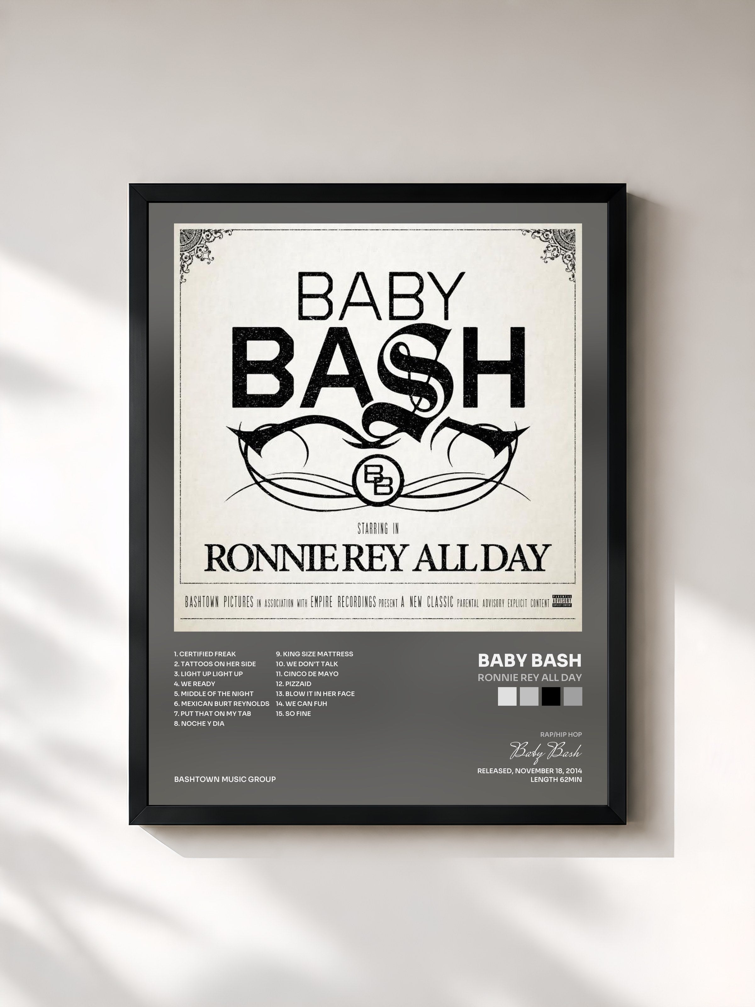 #noir Tableau de l'album Ronnie Rey All Day de Baby Bash, cadre noir, imprimé et encadré en France