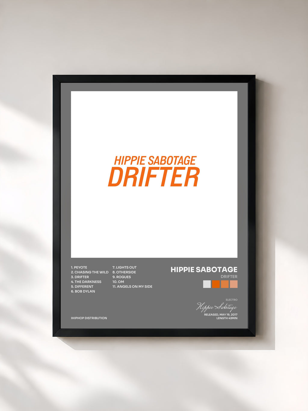 #noir Tableau de l'album Drifter de Hippie Sabotage, cadre noir, imprimé et encadré en France