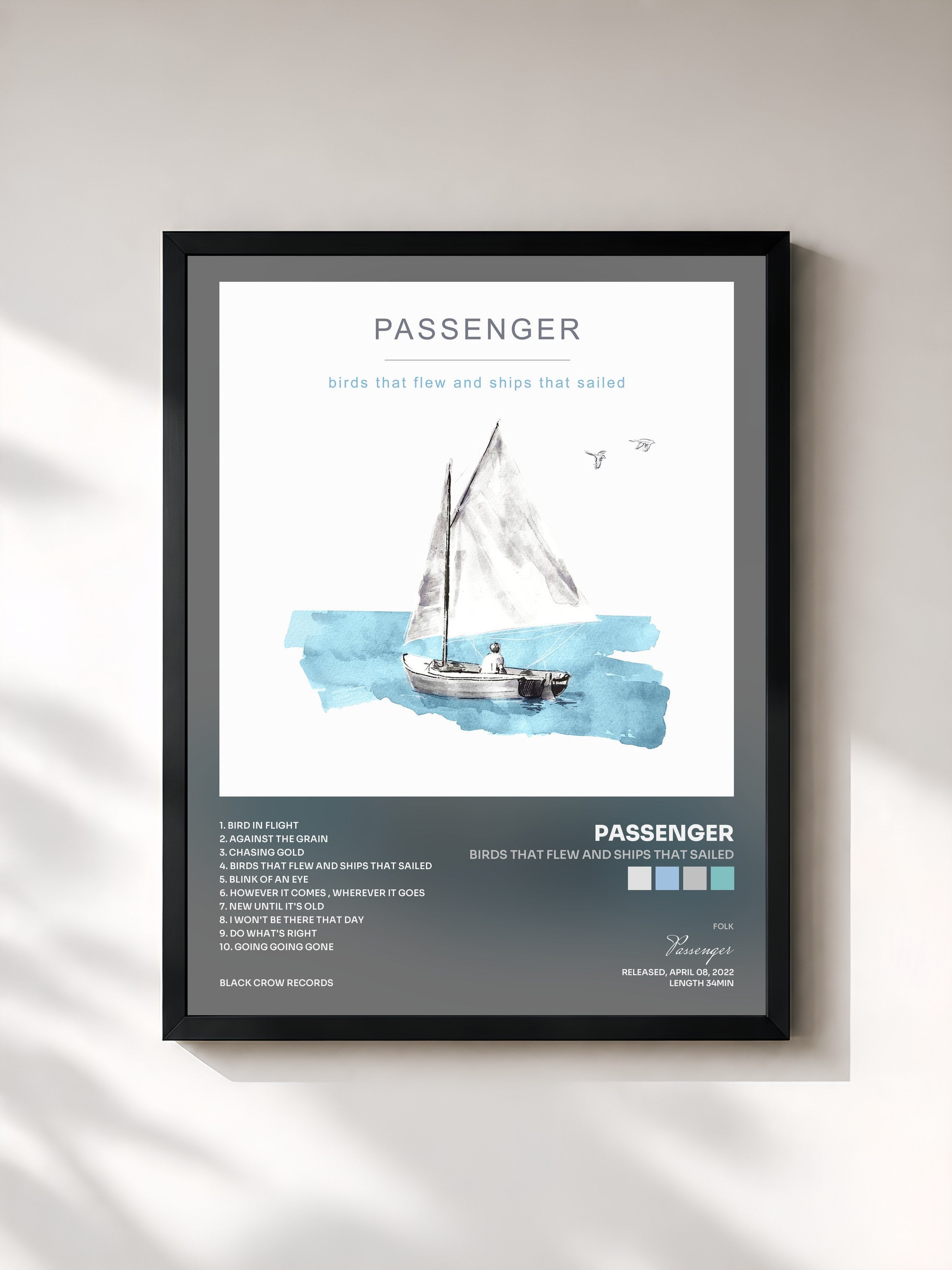 #noir Tableau de l'album Birds That Flew and Ships That Sailed de Passenger, cadre noir, imprimé et encadré en France