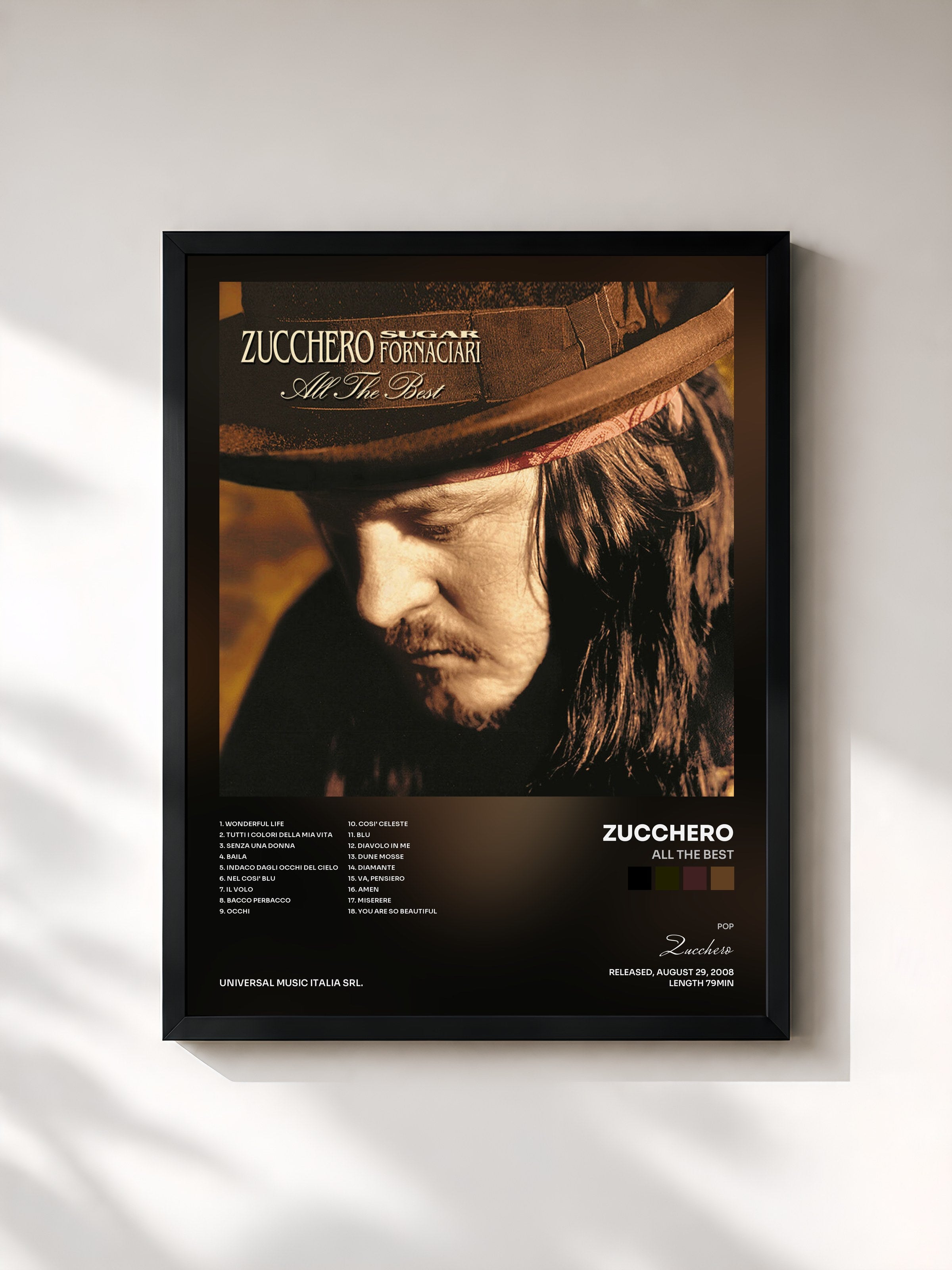 #noir Tableau de l'album All The Best de Zucchero, cadre noir, imprimé et encadré en France
