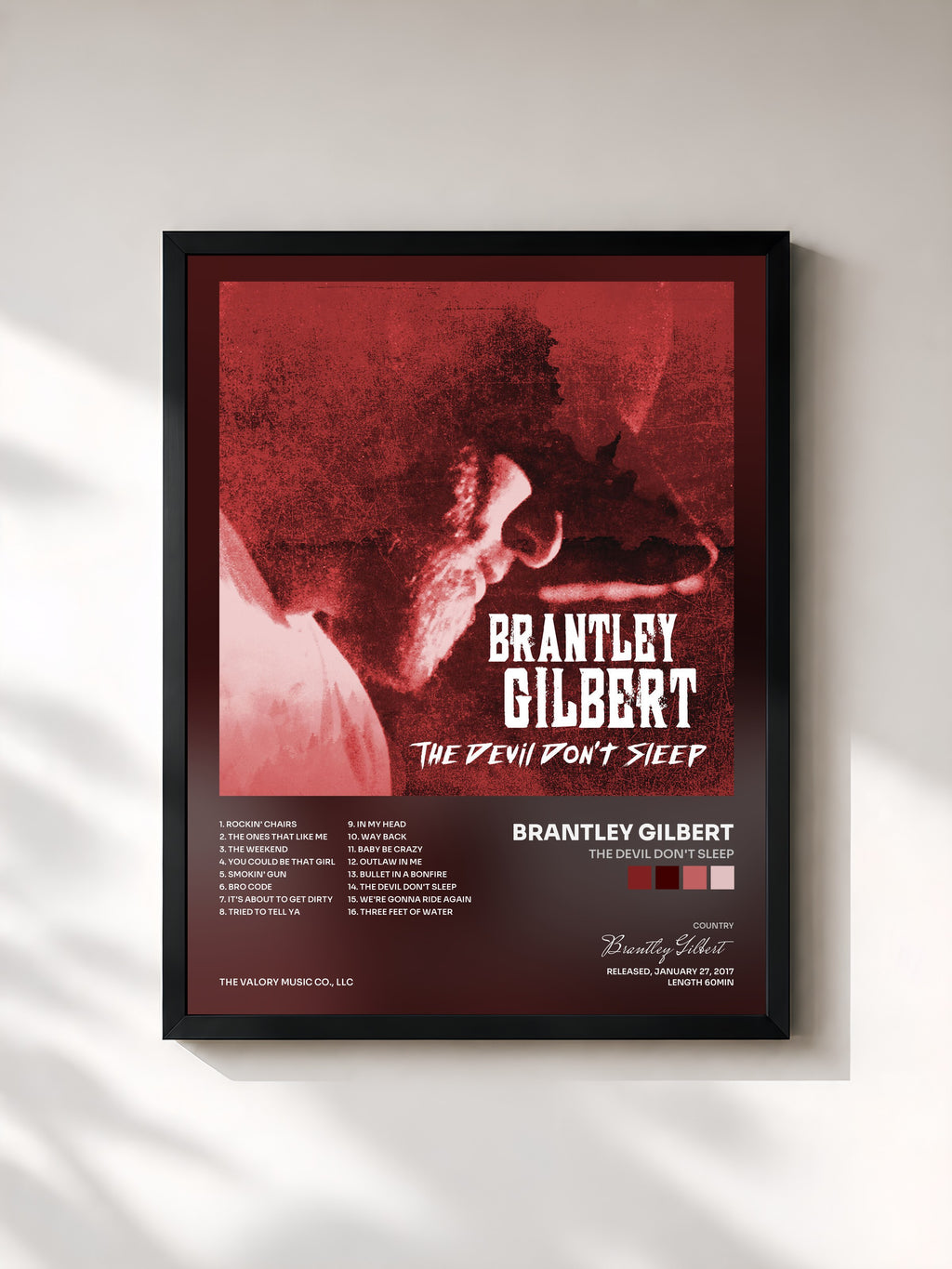 #noir Tableau de l'album The Devil Don't Sleep de Brantley Gilbert, cadre noir, imprimé et encadré en France