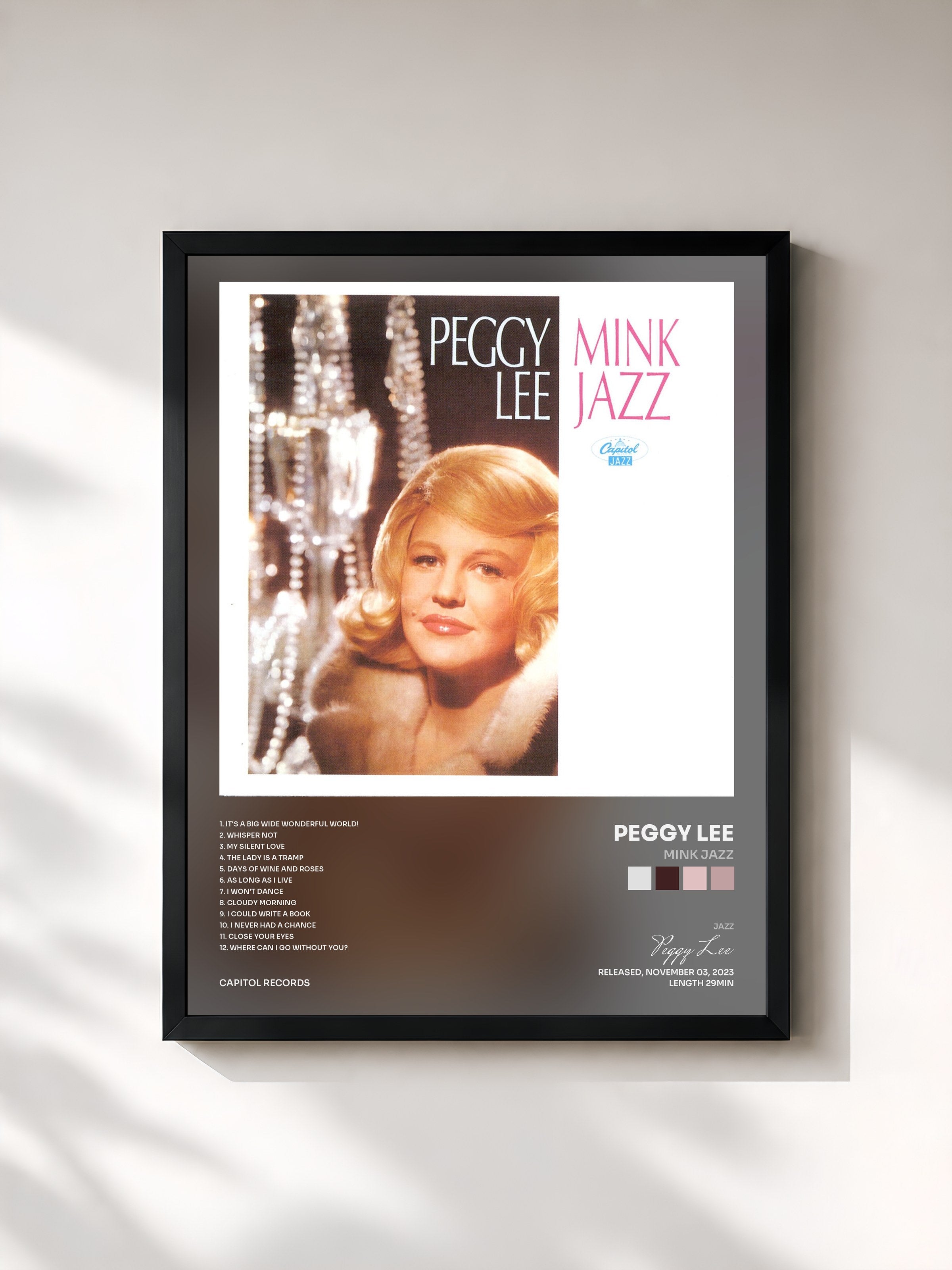 #noir Tableau de l'album Mink Jazz de Peggy Lee, cadre noir, imprimé et encadré en France