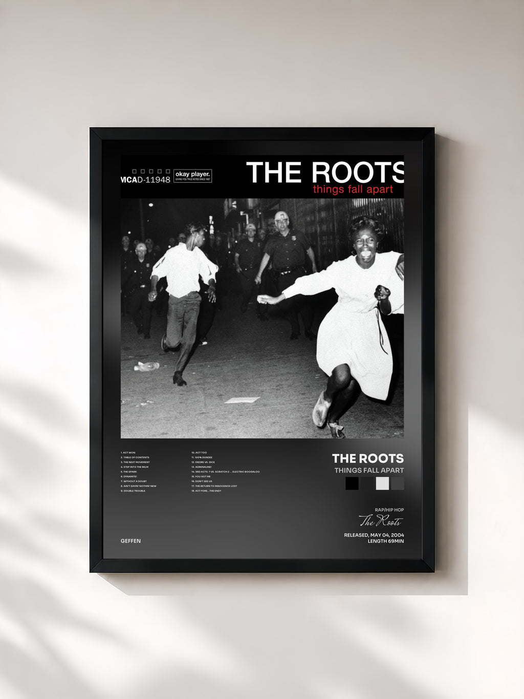 #noir Tableau de l'album Things Fall Apart de The Roots, cadre noir, imprimé et encadré en France