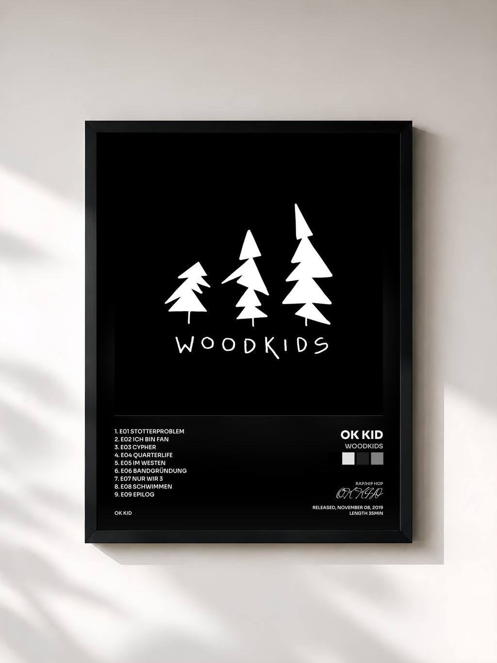 #noir Tableau de l'album Woodkids de OK KID, cadre noir, imprimé et encadré en France