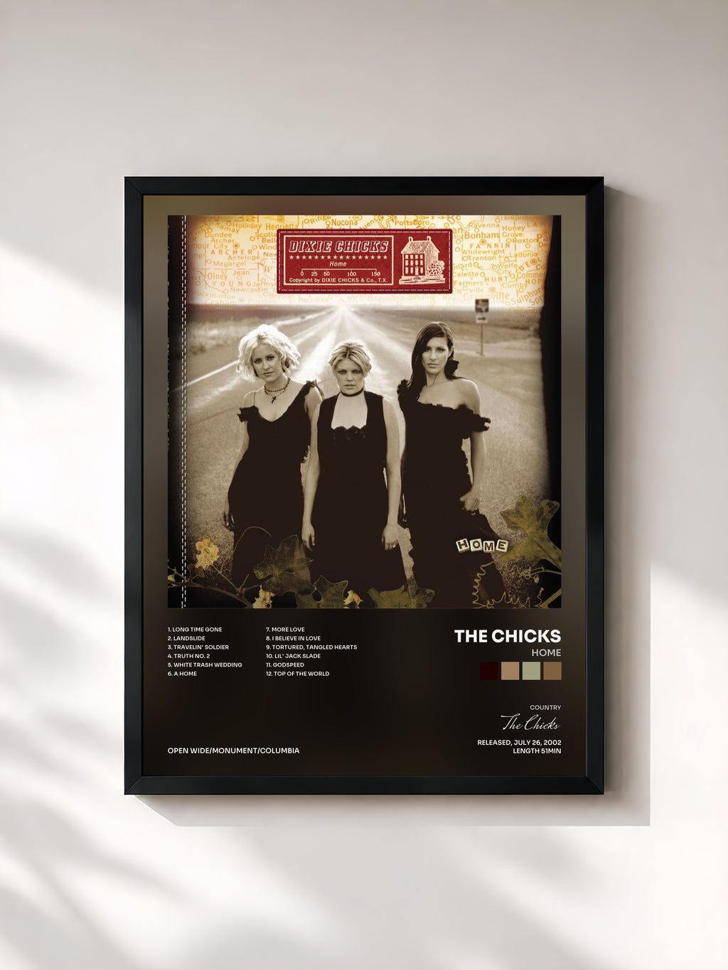 #noir Tableau de l'album Home de The Chicks, cadre noir, imprimé et encadré en France