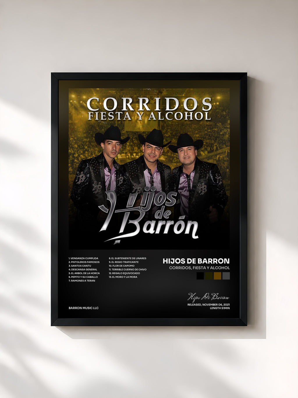 #noir Tableau de l'album Corridos, Fiesta y Alcohol de Hijos De Barron, cadre noir, imprimé et encadré en France