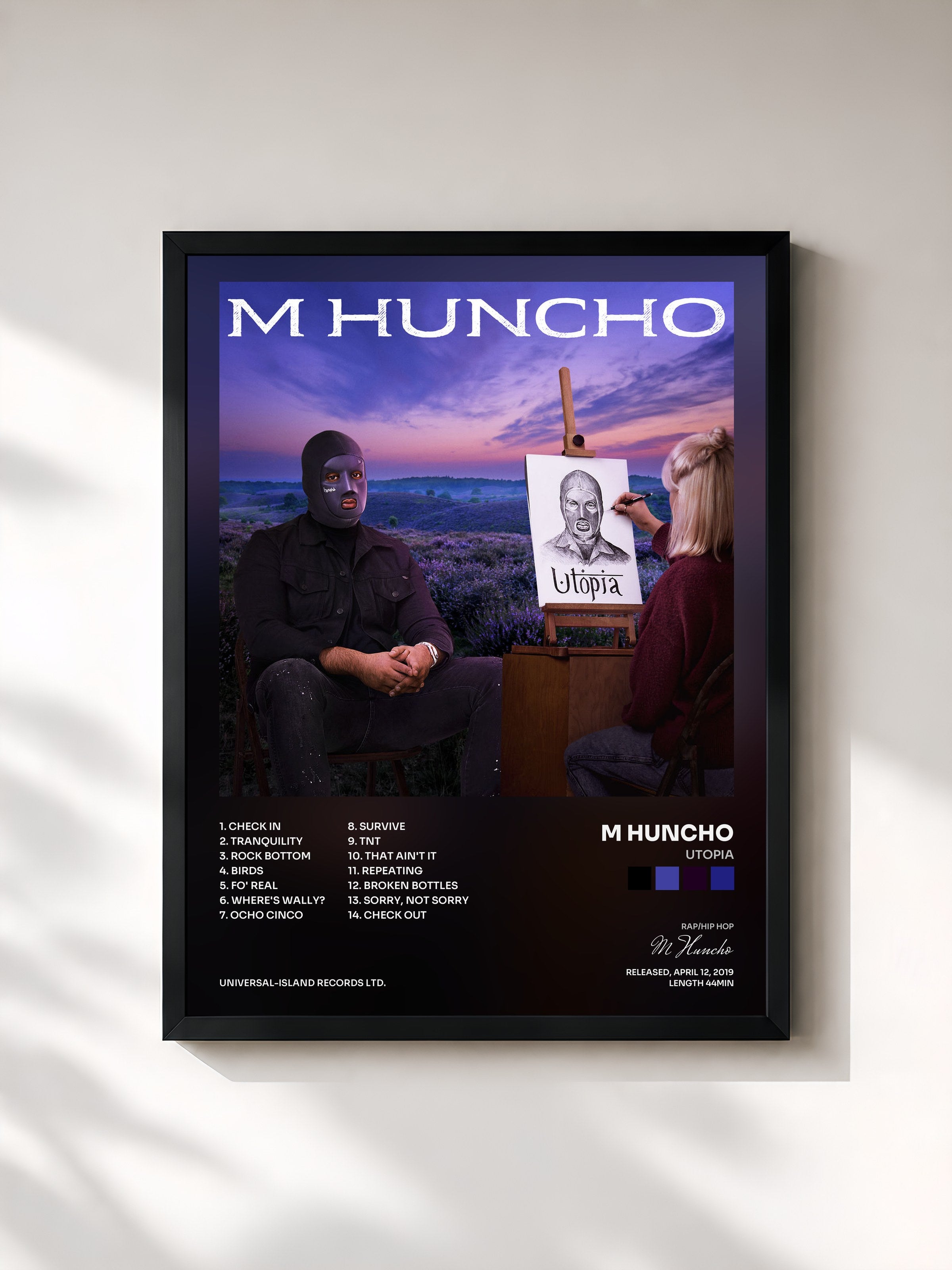 #noir Tableau de l'album Utopia de M Huncho, cadre noir, imprimé et encadré en France