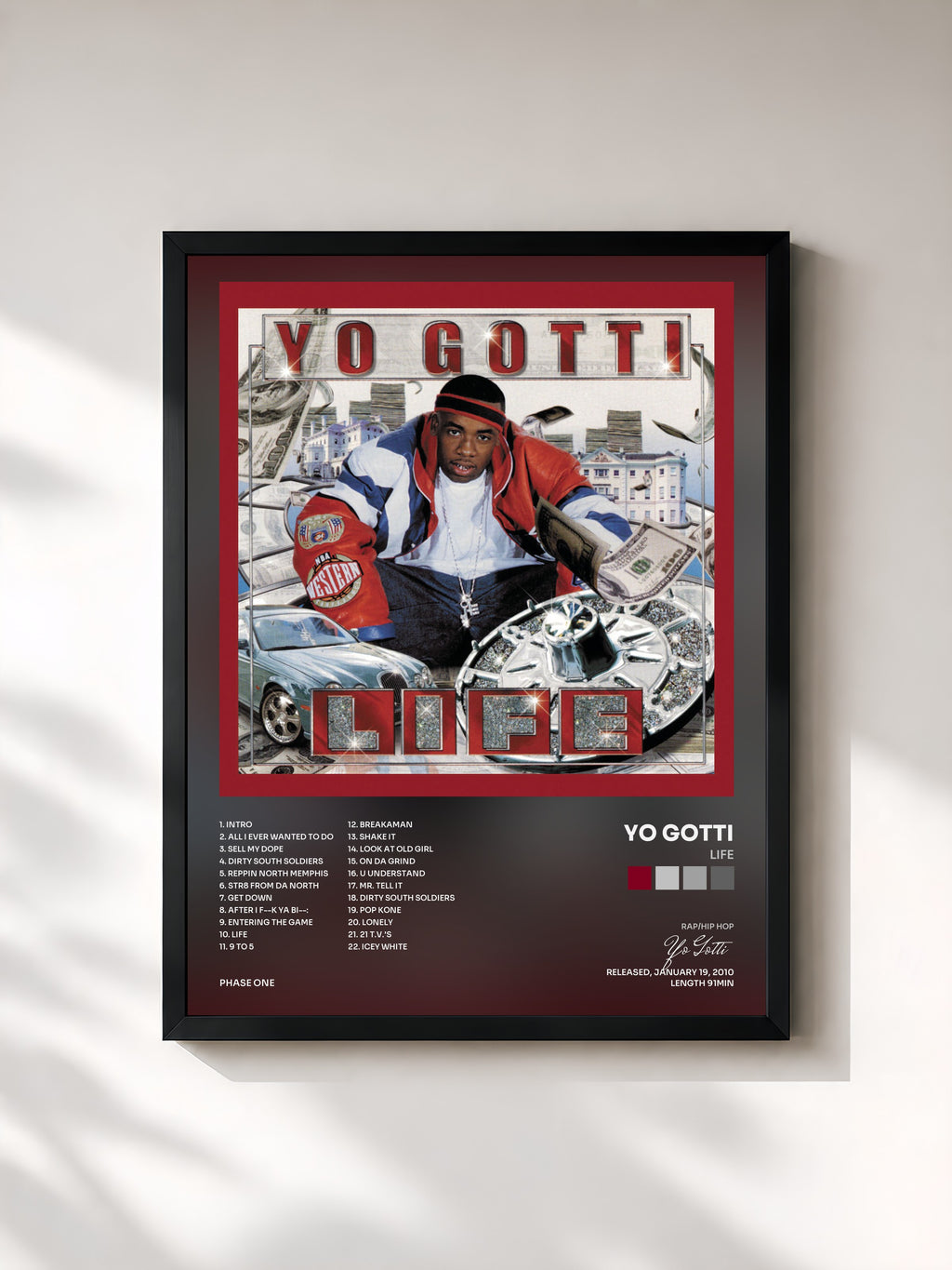 #noir Tableau de l'album Life de Yo Gotti, cadre noir, imprimé et encadré en France