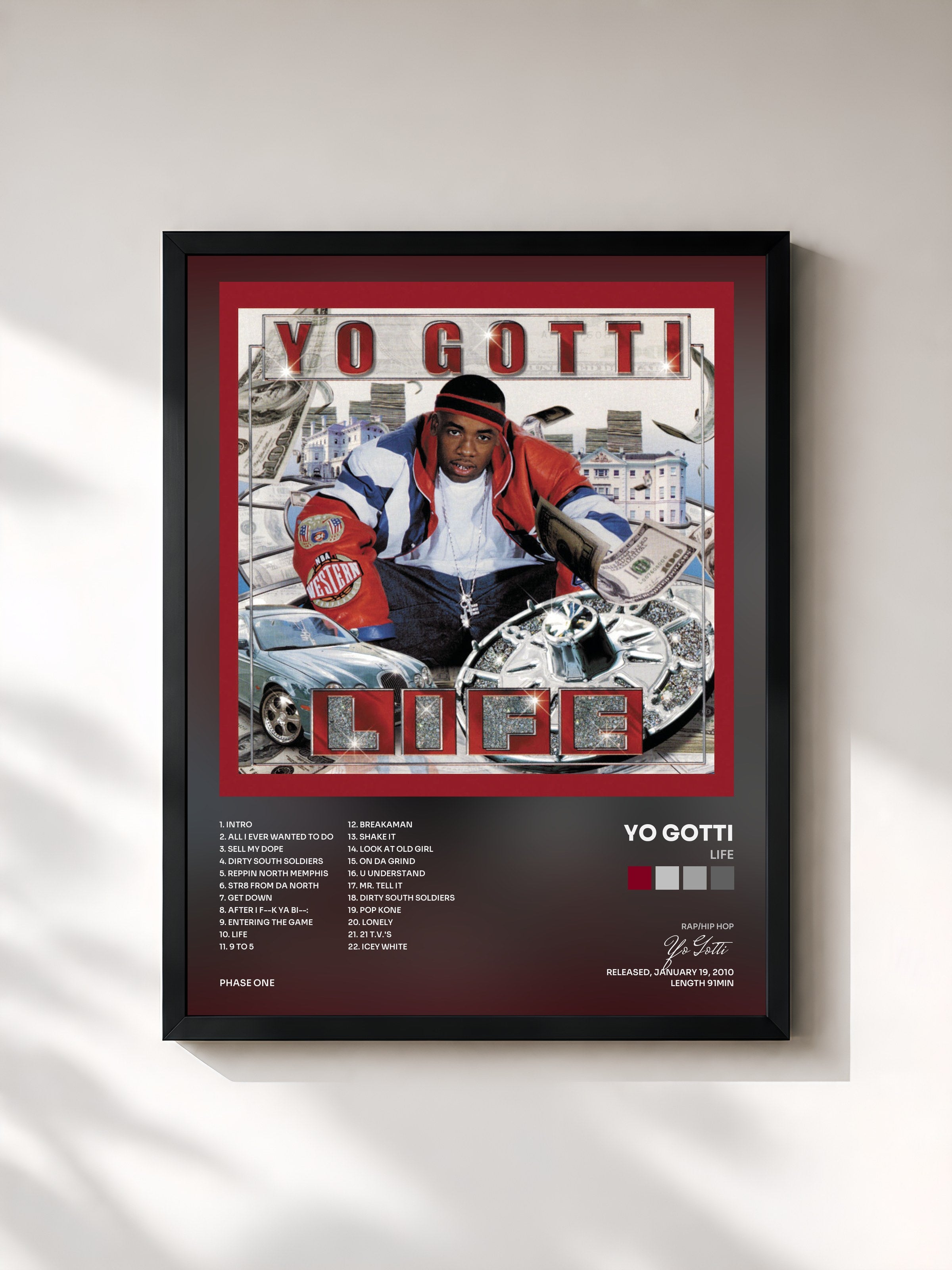 #noir Tableau de l'album Life de Yo Gotti, cadre noir, imprimé et encadré en France