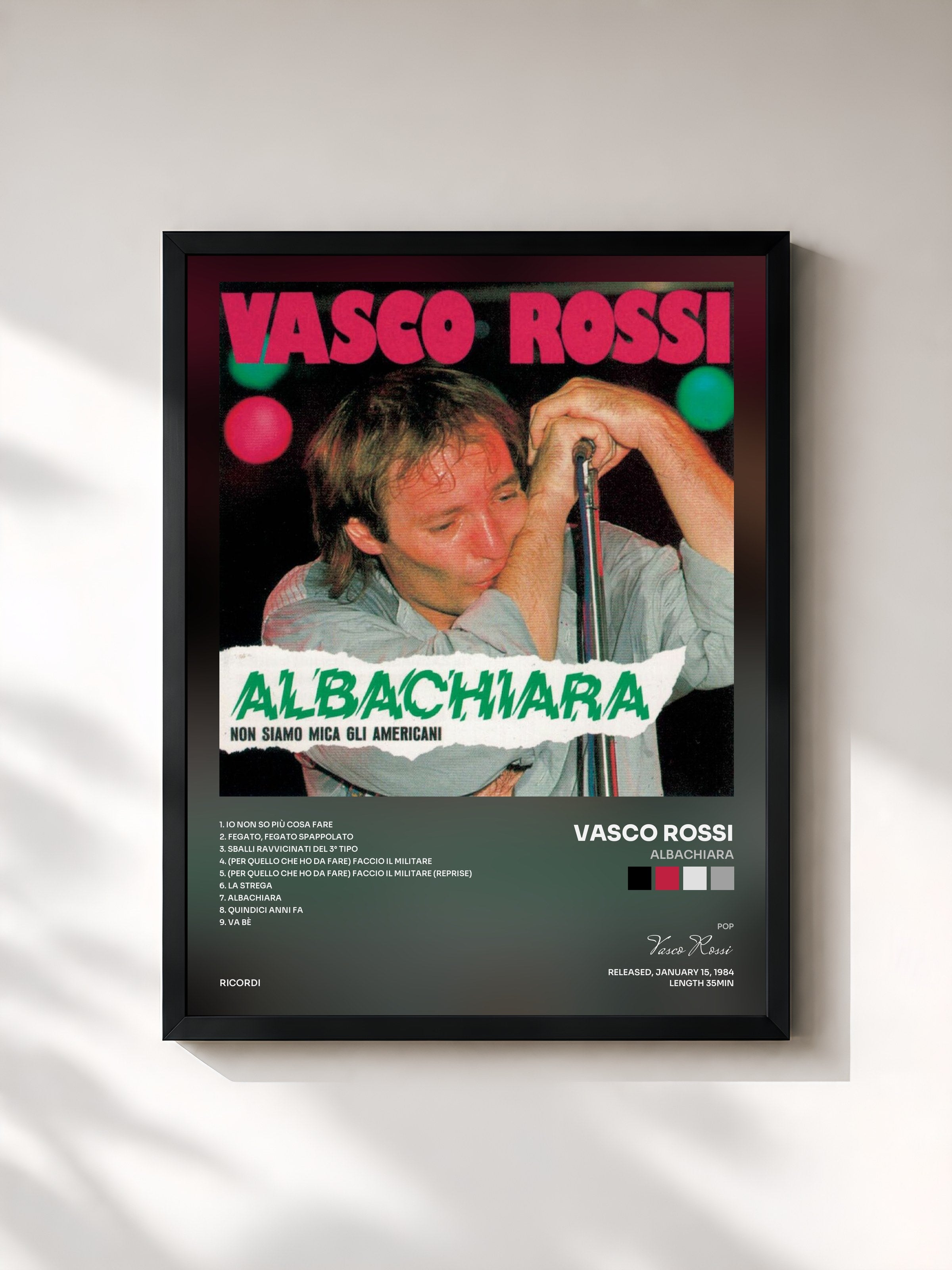 #noir Tableau de l'album Albachiara de Vasco Rossi, cadre noir, imprimé et encadré en France