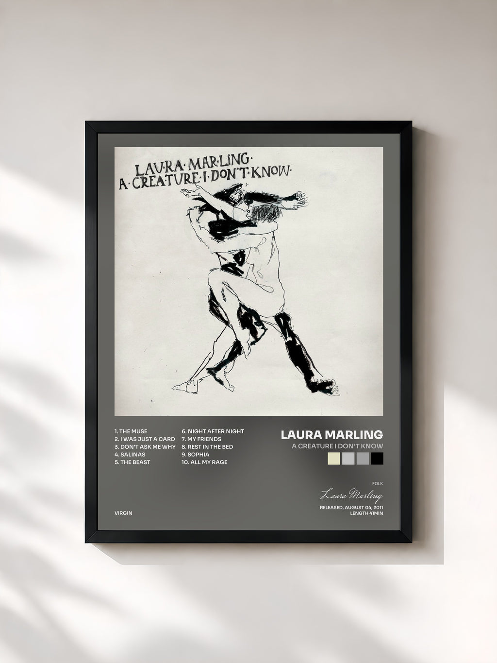 #noir Tableau de l'album A Creature I Don't Know de Laura Marling, cadre noir, imprimé et encadré en France