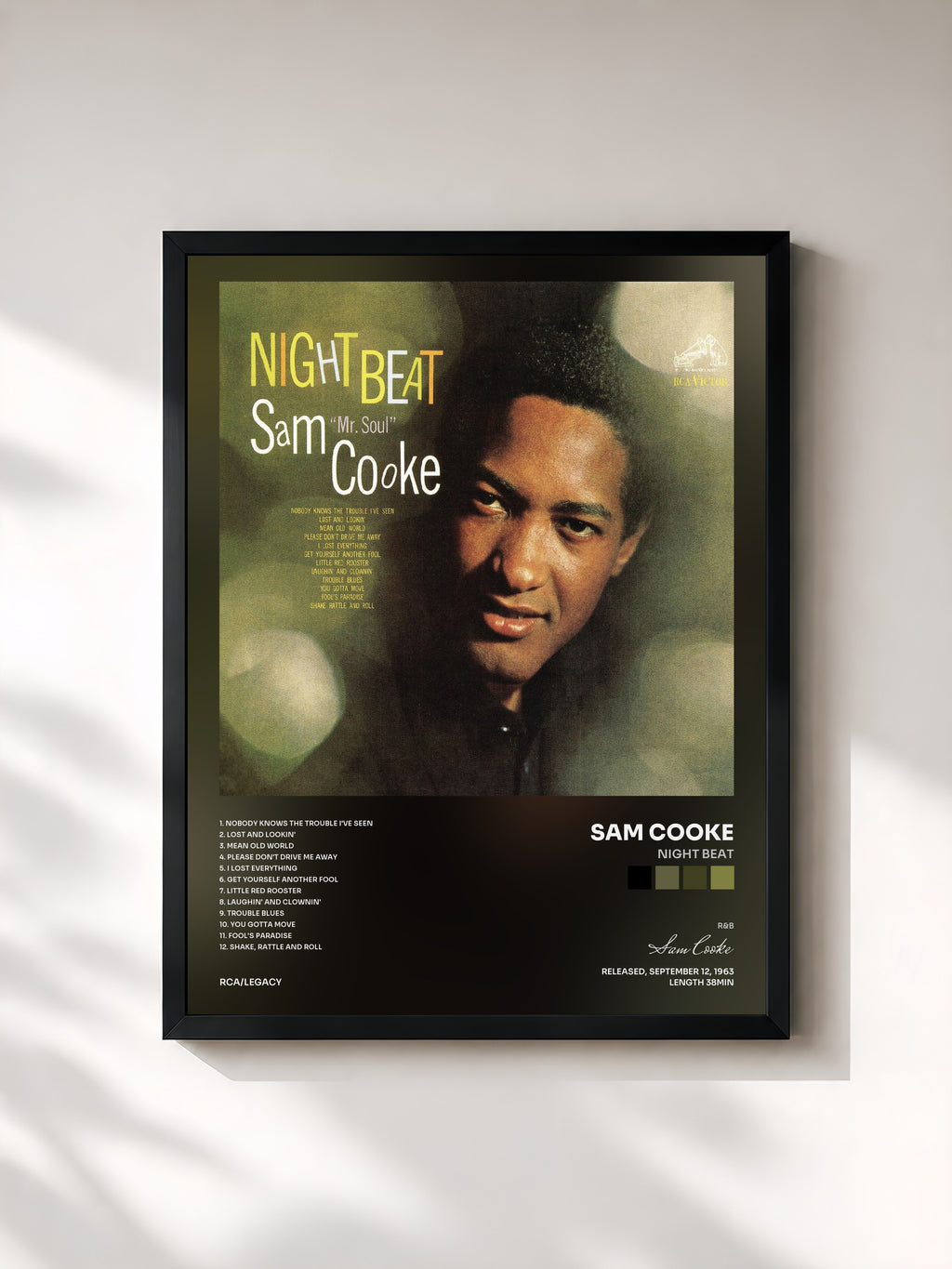 #noir Tableau de l'album Night Beat de Sam Cooke, cadre noir, imprimé et encadré en France
