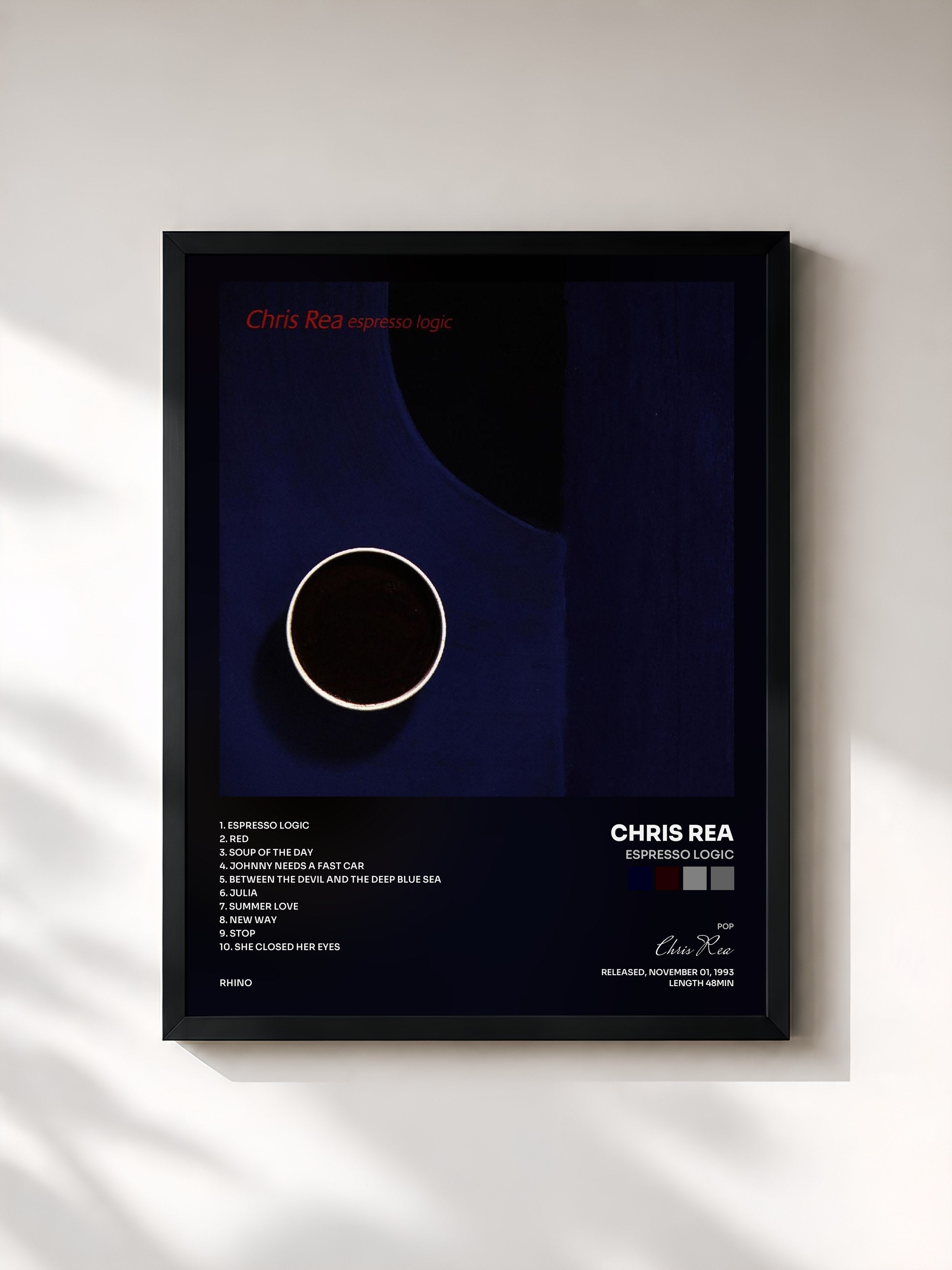 #noir Tableau de l'album Espresso Logic de Chris Rea, cadre noir, imprimé et encadré en France