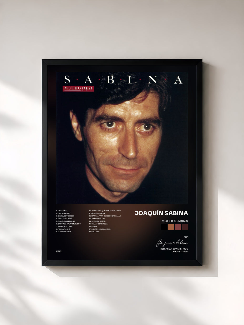 #noir Tableau de l'album Mucho Sabina de Joaquín Sabina, cadre noir, imprimé et encadré en France