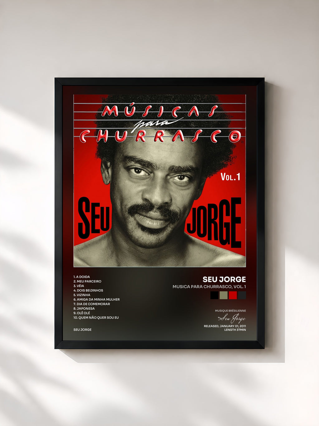 #noir Tableau de l'album Musica para Churrasco, Vol. 1 de Seu Jorge, cadre noir, imprimé et encadré en France